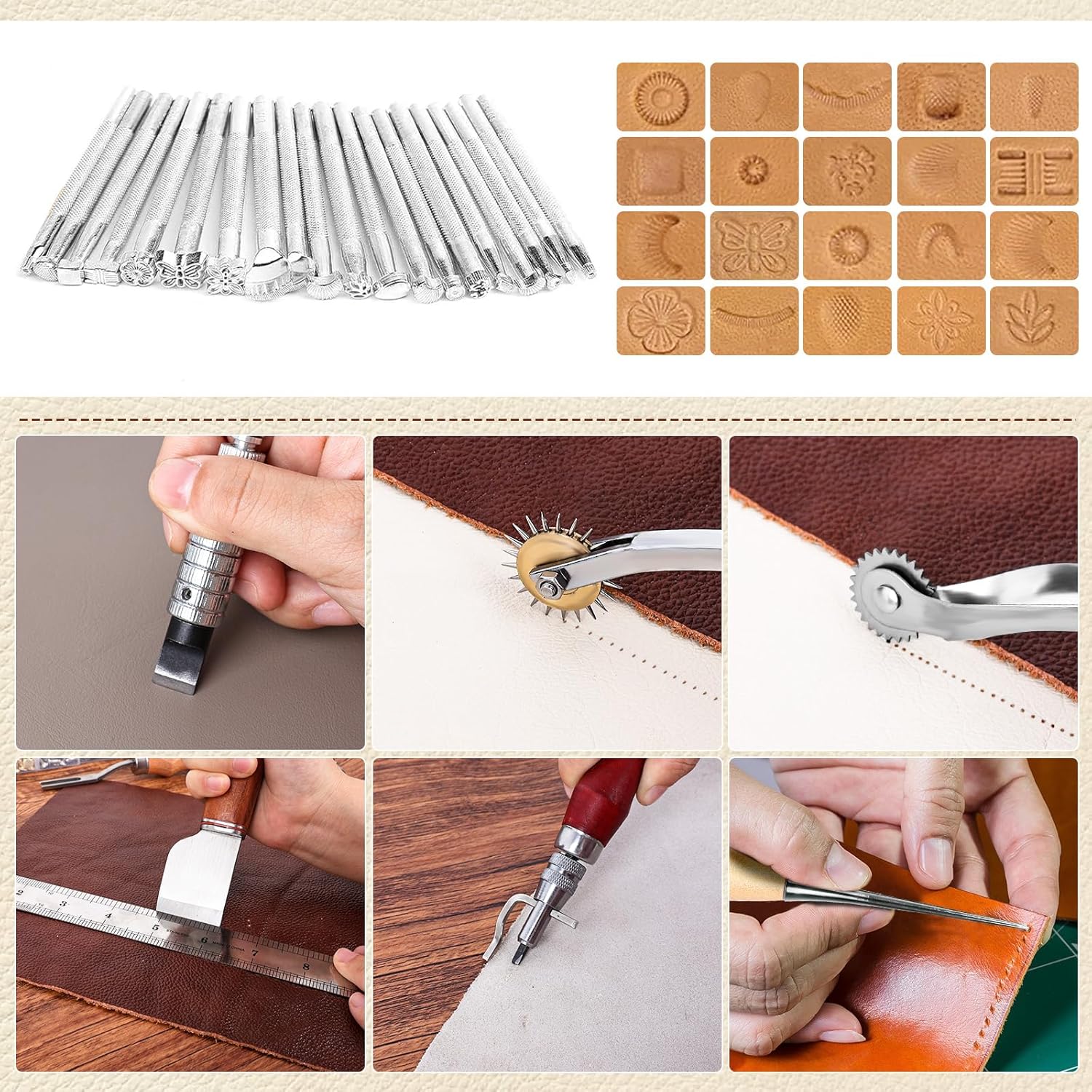 ZAMQIU Leather Working Kit, 155-Piece Leather Tooling Kit with Carving Stamping Sewing Punching Cutting, Leatherworking Tool Set for Beginners, DIY Craft Starter Set for Wallet, Belt, Bag Making - Image 3