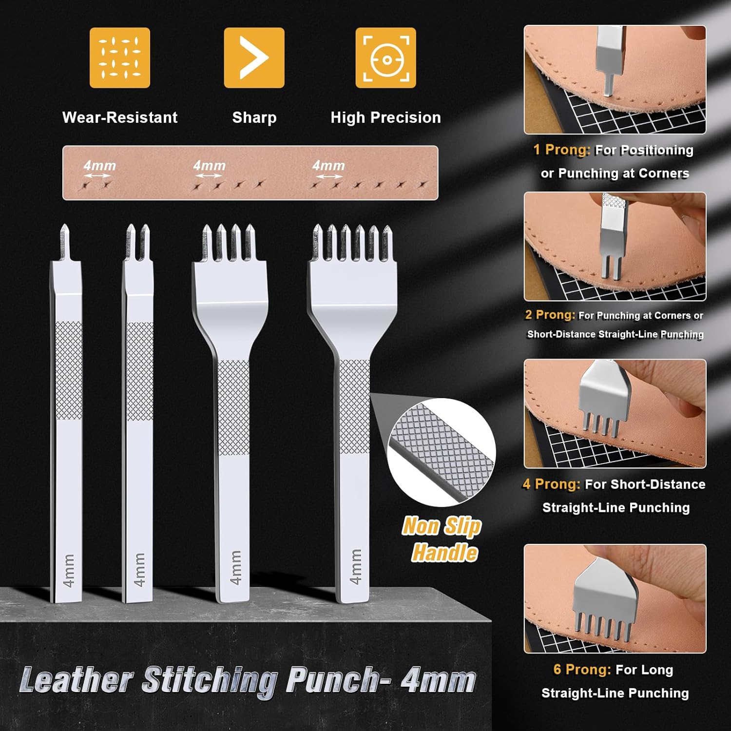 MORFEN 56Pcs Leather Stitching Punch Kit, Sewing Kit with 4mm Prong Sewing Hole Punch Waxed Thread Hand Sewing Stitching Needles Leatherworking Tools for Beginners DIY Leather Crafting