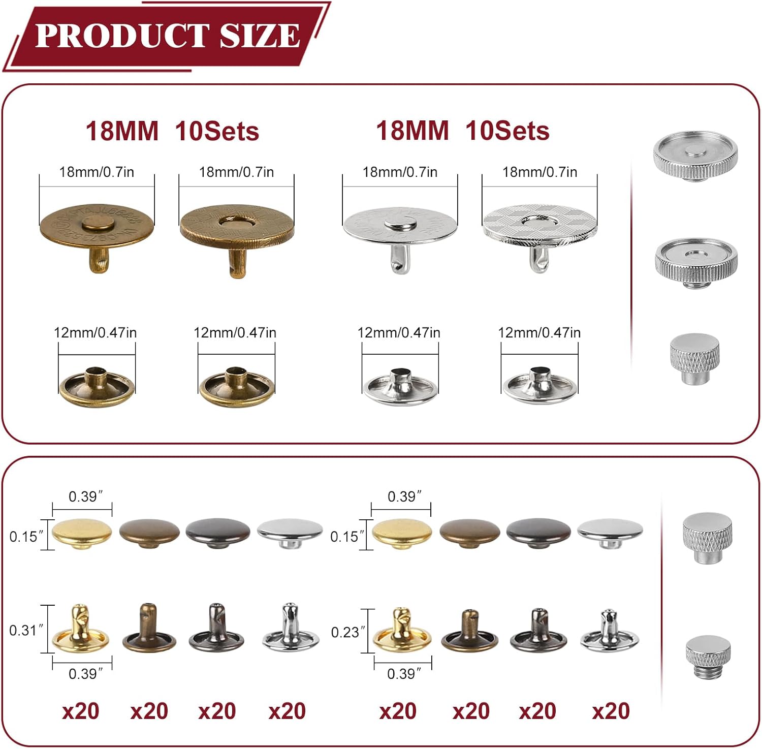 160 Set Rivets for Leather Crafting and 20 Set Magnetic Buttons, 4 Colors 10 MM Double Cap Rivets & 18 MM Magnetic Snaps for Purses and Totes with Snap Fasteners Tool, for Leather, Boots, Belt