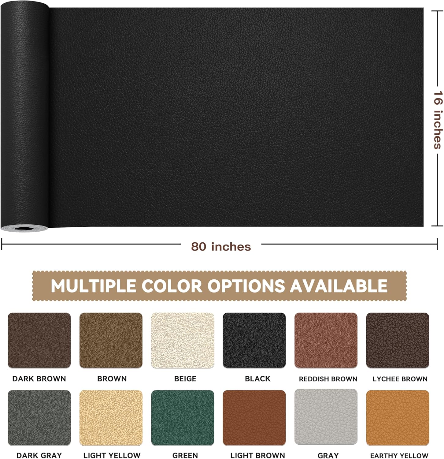 Leather Repair Tape,16 x 80 Inches Self Adhesive Leather Repair Patch，Leather Repair Kit for Furniture，Couches,Car Seats,Cabinets,Handbags(Black-Litchi Grain)