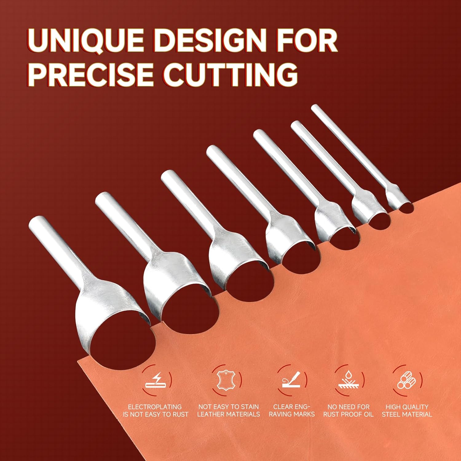 Alternative view of 7Pcs Leather Craft Tools Precision Arc-Shaped Half Round Punch Set & Edge Cutters for Belt, Wallet, and Bag Making (Sizes from 10mm to 40mm)