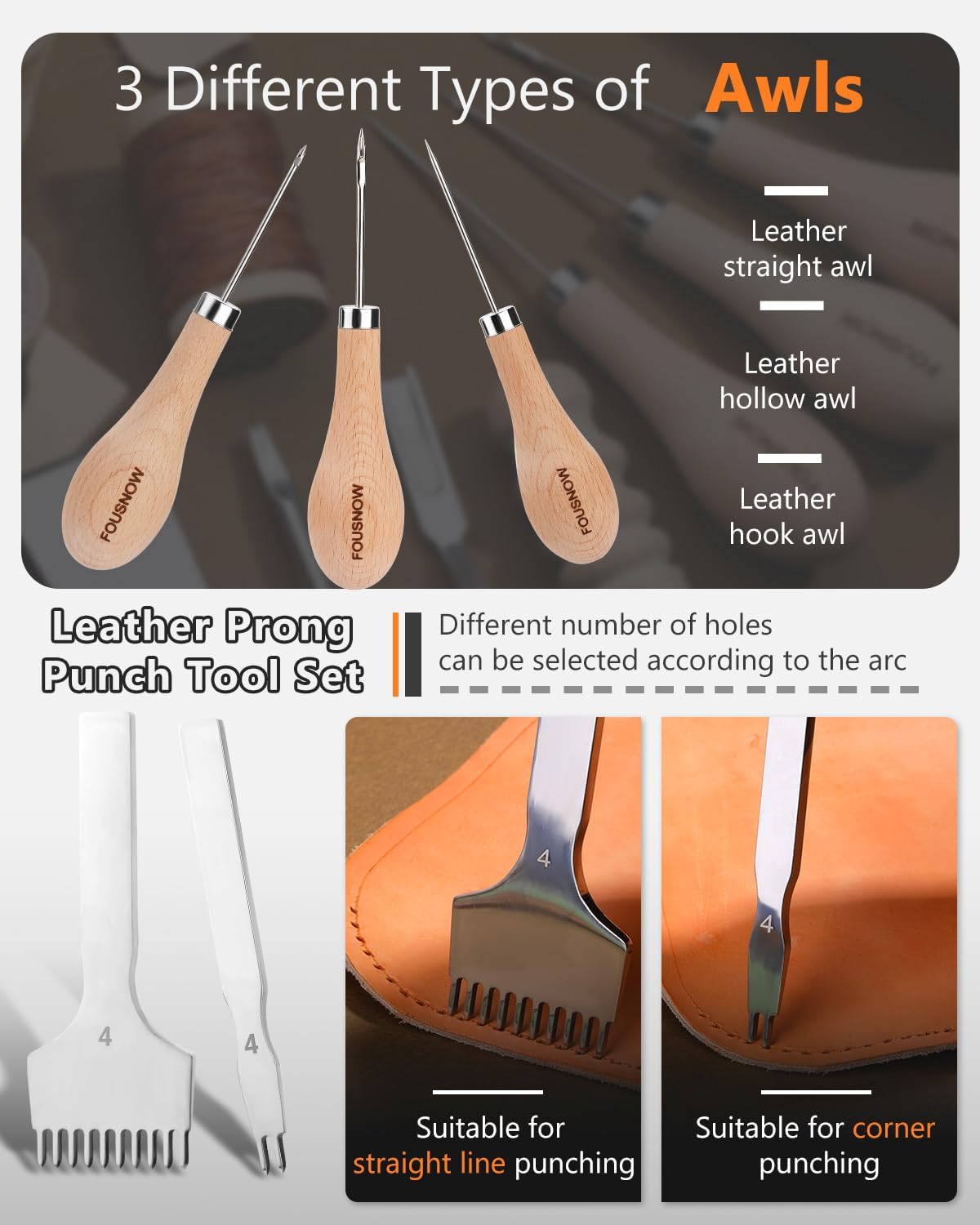 Alternative view of FOUSNOW Leather Working Kit Leather Working Tools, Ergonomically Leathertooling Kit Crafting Supplies with Swivel Knife for Stamping Cutting Punching Stitching Scraping Sewing Polishing Crafts