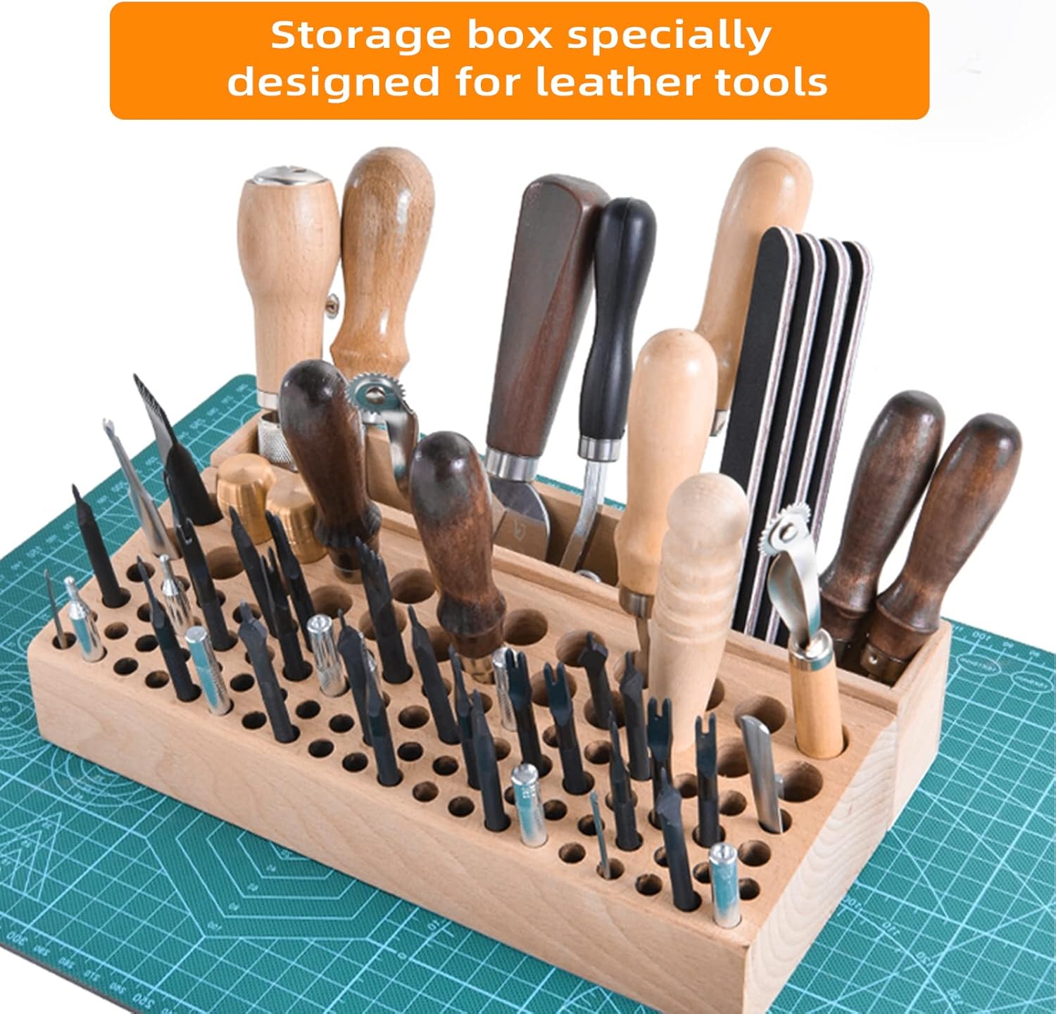 Alternative view of YVOKERN Leather Craft Tool Holder with 46/98 Holes,Professional Punch Craft Tool Rack,Leather Tools Storage Box for Leather working and Punch Tools organizer storage (98 Holes+3 Slots)