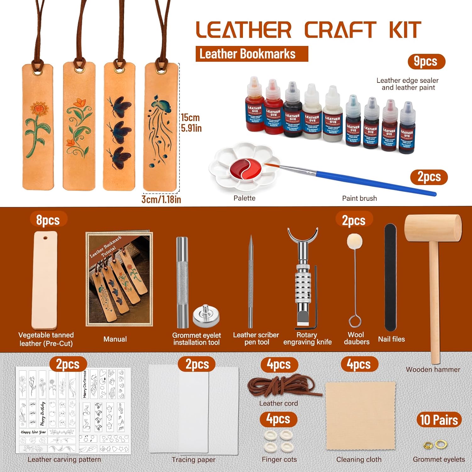 Leather Crafting Kit, Leather Working Kit for Bookmark, Leatherbookmarks Making Kits with Dyeing Carving Working Tools Supplies for Book Mark, Bookmarks for Book Lovers, Adults Diy Crafts Making