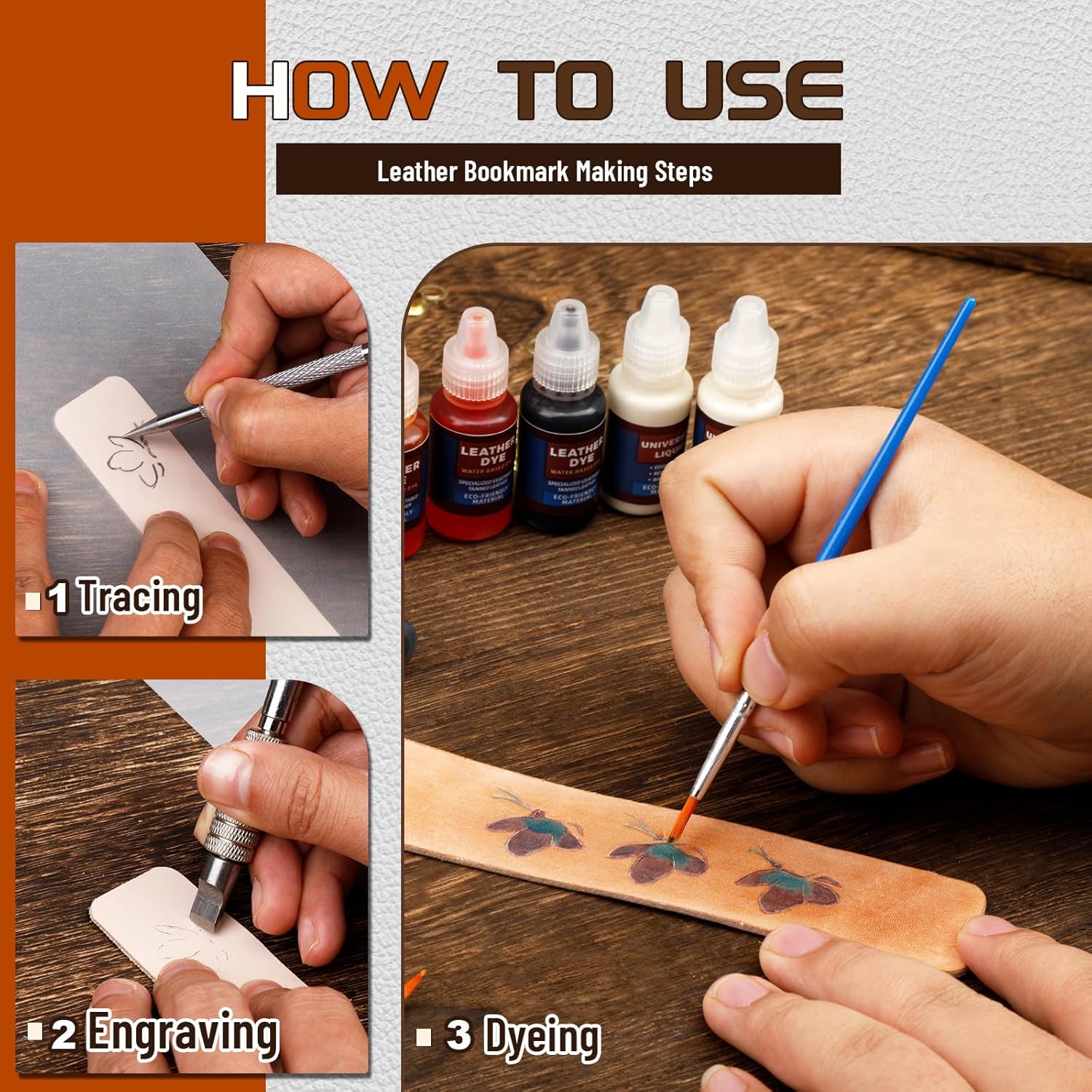 Alternative view of Leather Crafting Kit, Leather Working Kit for Bookmark, Leatherbookmarks Making Kits with Dyeing Carving Working Tools Supplies for Book Mark, Bookmarks for Book Lovers, Adults Diy Crafts Making