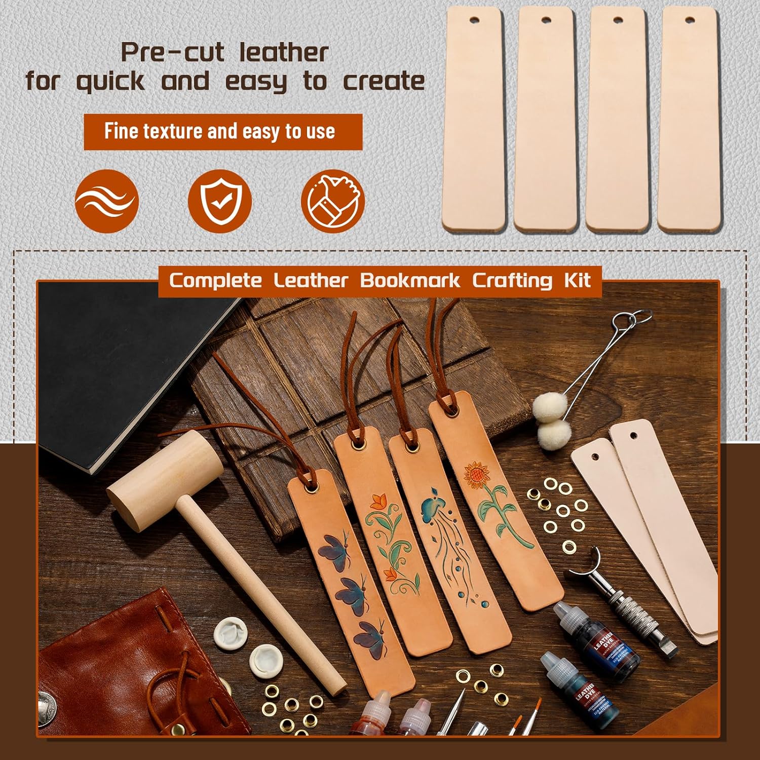 Leather Crafting Kit, Leather Working Kit for Bookmark, Leatherbookmarks Making Kits with Dyeing Carving Working Tools Supplies for Book Mark, Bookmarks for Book Lovers, Adults Diy Crafts Making - Image 3