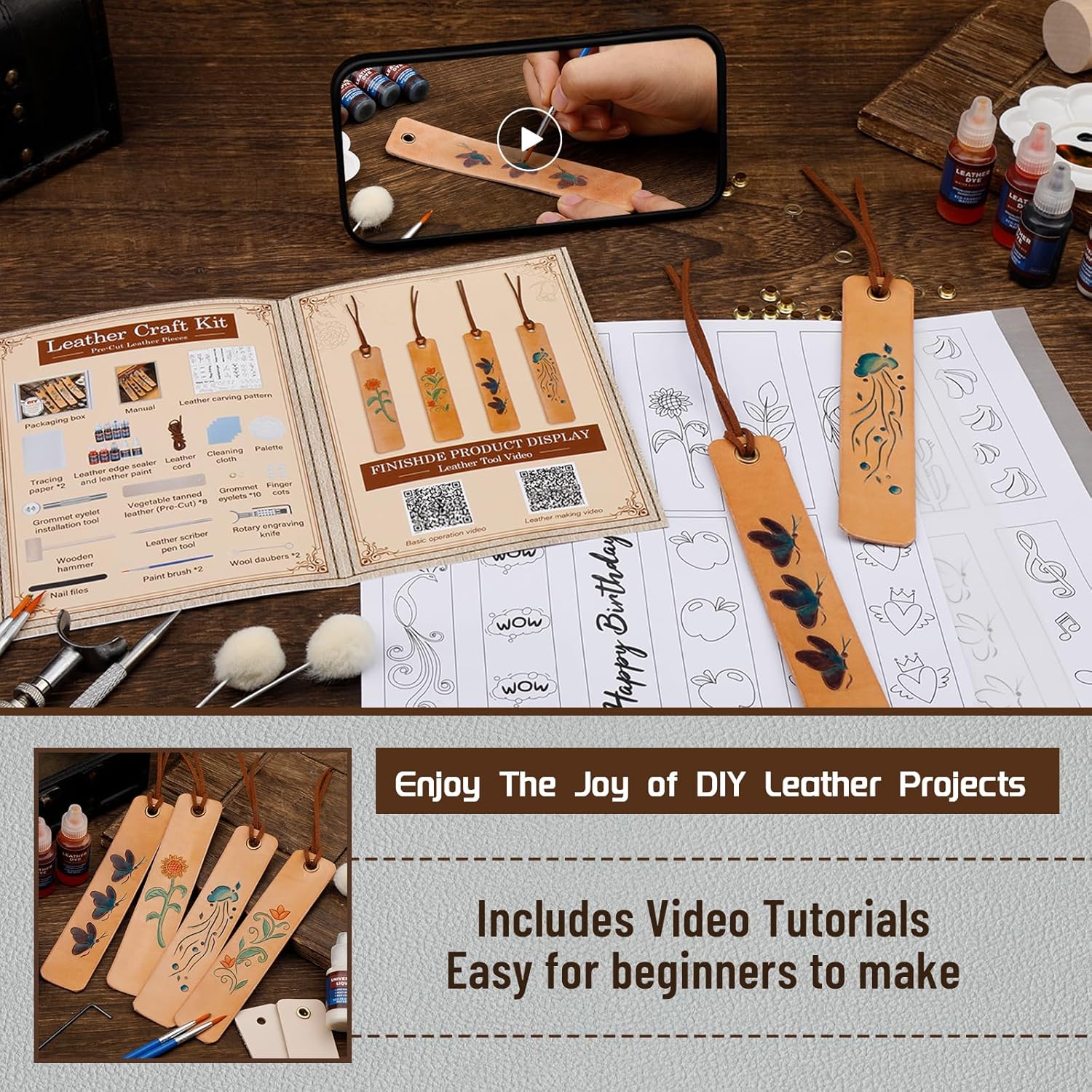 Leather Crafting Kit, Leather Working Kit for Bookmark, Leatherbookmarks Making Kits with Dyeing Carving Working Tools Supplies for Book Mark, Bookmarks for Book Lovers, Adults Diy Crafts Making - Image 4