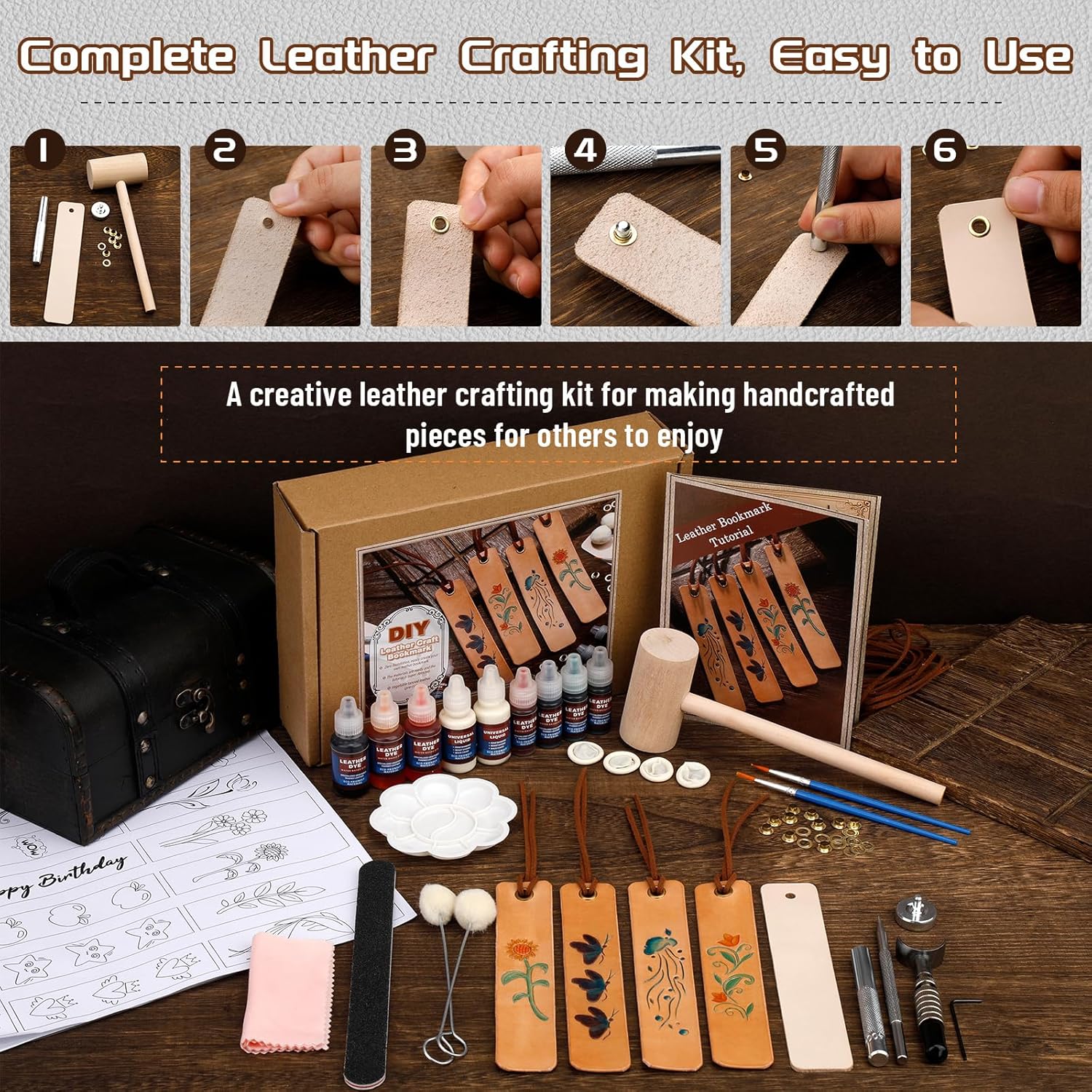 Leather Crafting Kit, Leather Working Kit for Bookmark, Leatherbookmarks Making Kits with Dyeing Carving Working Tools Supplies for Book Mark, Bookmarks for Book Lovers, Adults Diy Crafts Making - Image 5