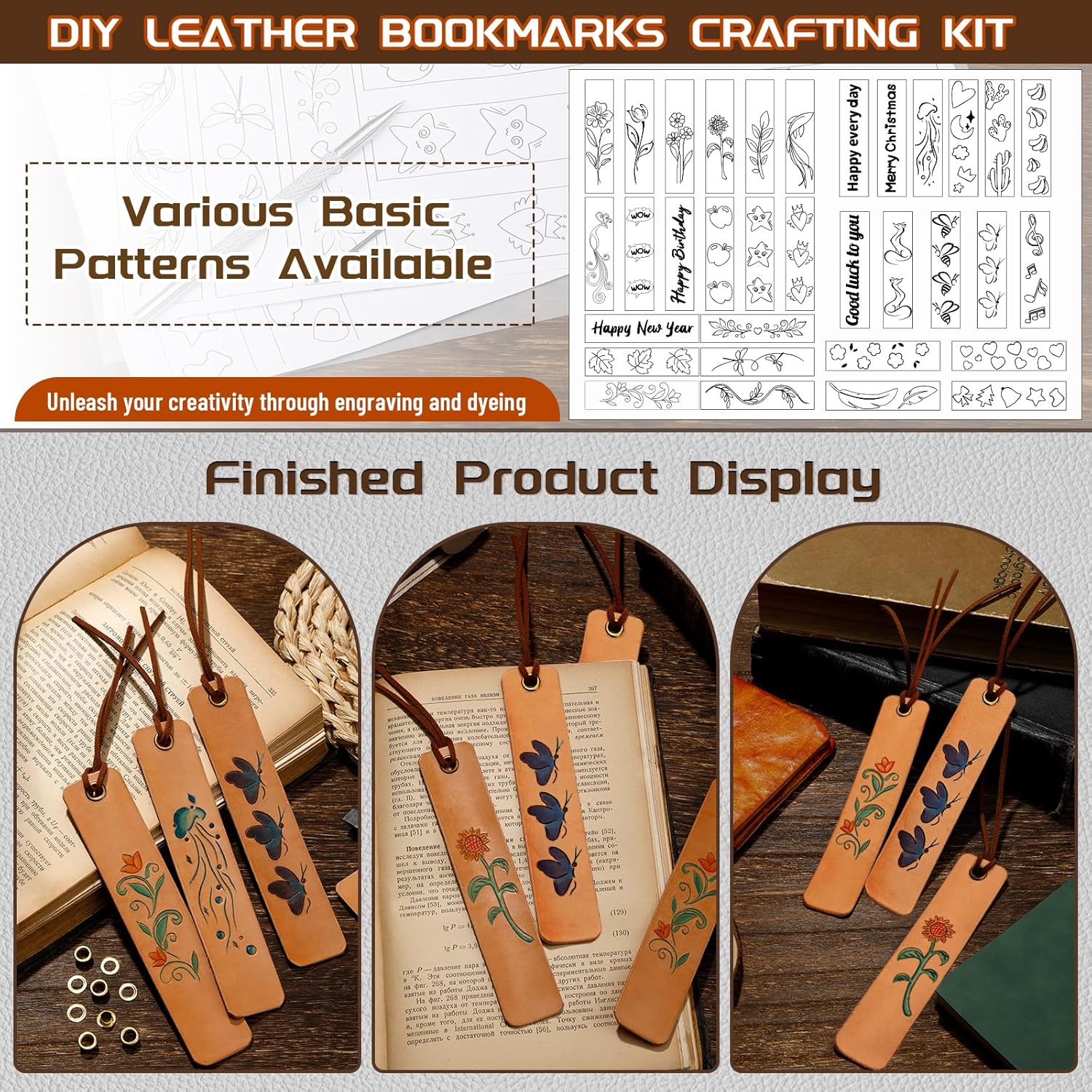 Leather Crafting Kit, Leather Working Kit for Bookmark, Leatherbookmarks Making Kits with Dyeing Carving Working Tools Supplies for Book Mark, Bookmarks for Book Lovers, Adults Diy Crafts Making - Image 6