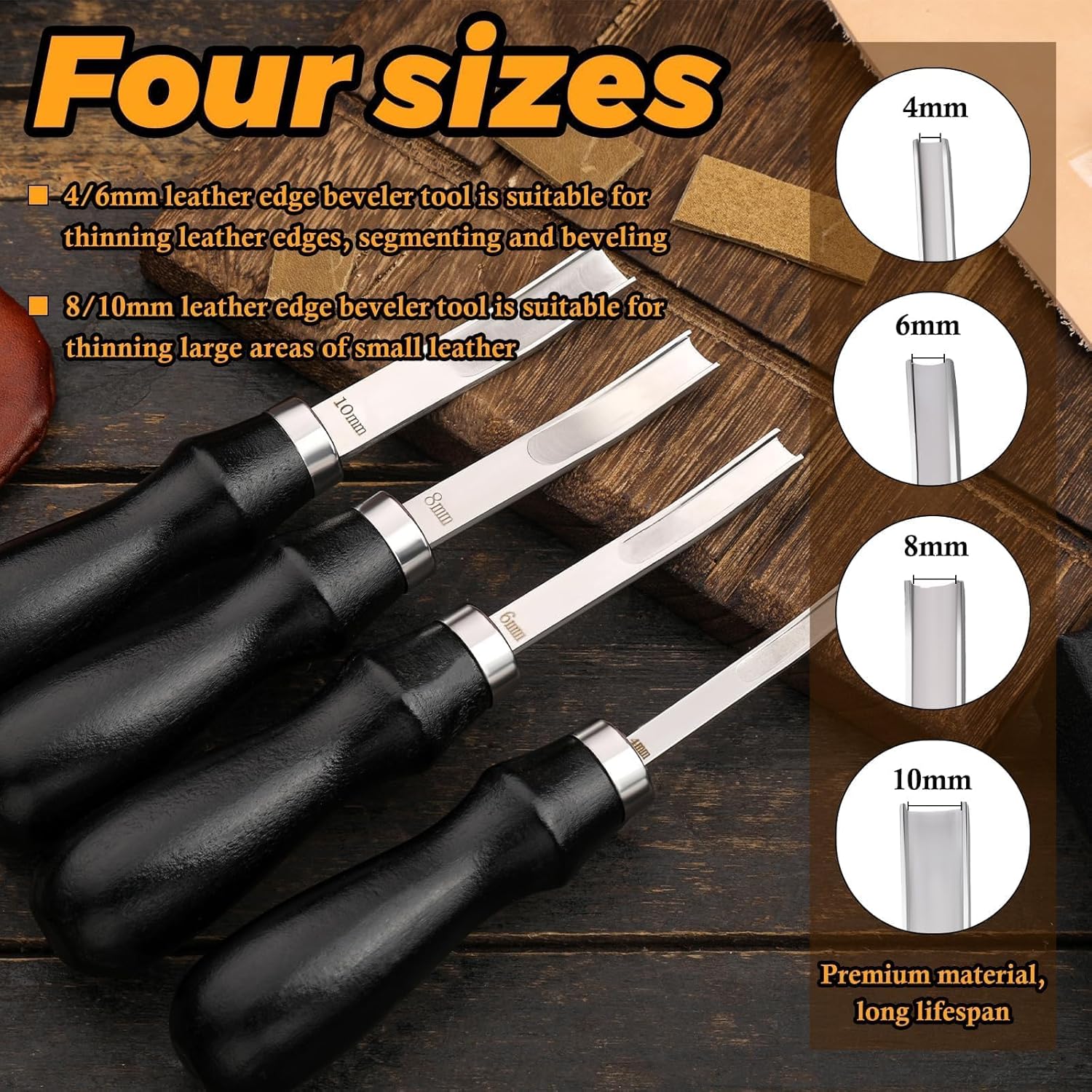 CBHGFEA 4 Size Leather Edge Skiving Bevelers Tool Set, French Beveler, Wide Mouth Skiving Knife with Wooden Handle, Leather Edge Trimmer for Leather Thinning Cutting Craft(4mm 6mm 8mm 10mm)