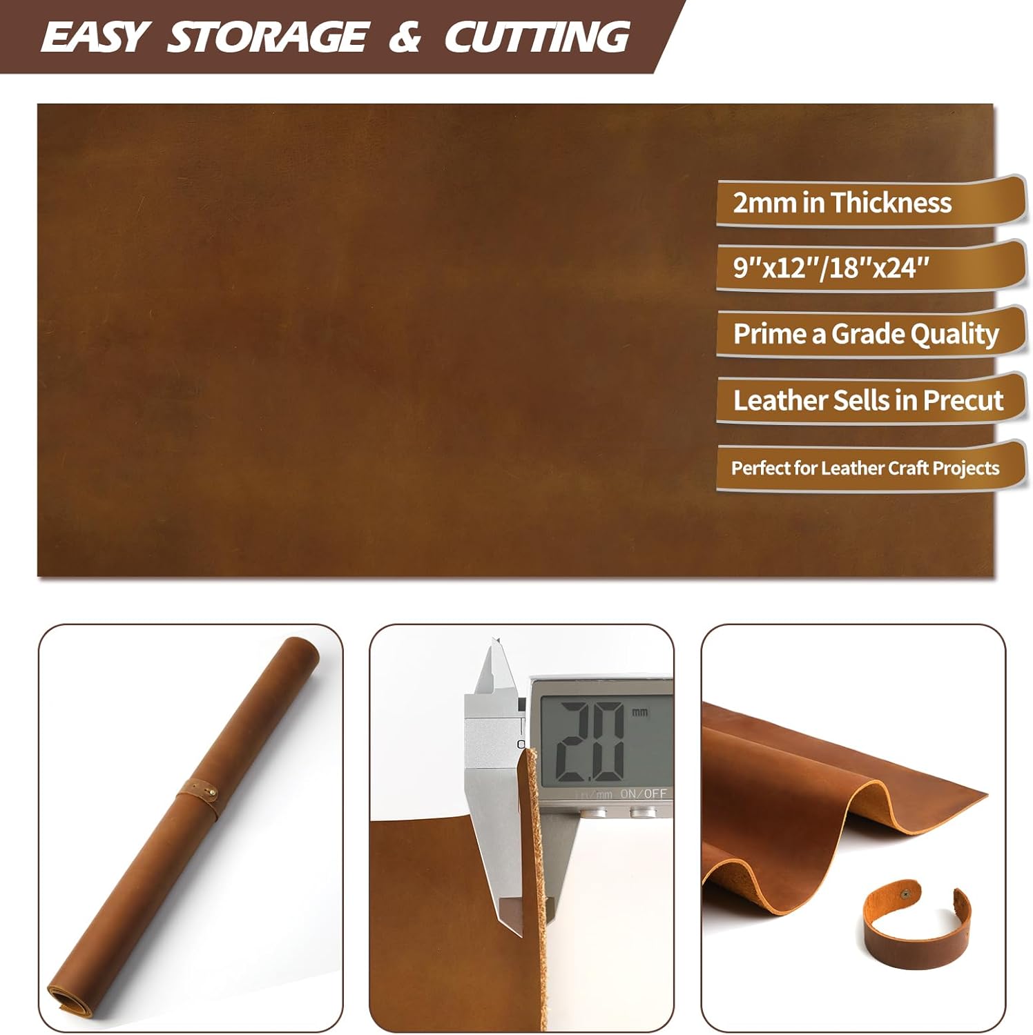 Alternative view of Jack&Chris 9"x12" Tooling Square 1.8-2.0MM Thick Genuine Top Full Grain Leather Leather Sheets for Crafts Tooling Sewing Crazy Horse Cowhide