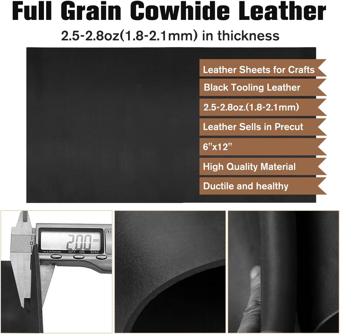 Black Leather Sheets for Crafts Tooling Leather Square 1.8-2.1mm Thick Full Grain Leather Pieces Genuine Cowhide Leather for Crafts Sewing Hobby Workshop 6"x12"