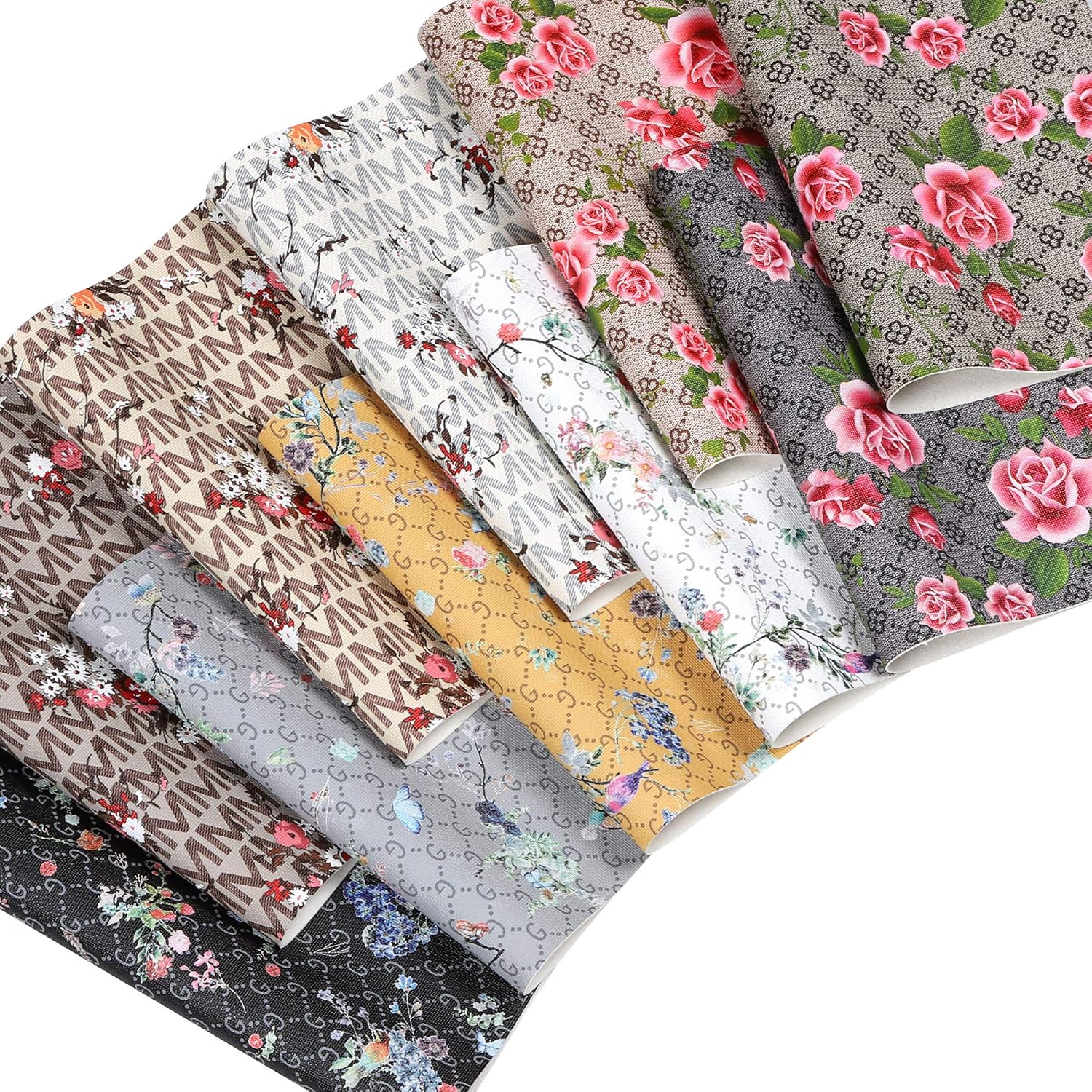 Funcolor 10PCSset 8x12 inch A4 sheet Pattern Printed Classic Retro Rose Flower Floral Faux Leather Fabric Synthetic Leather Sheet Assorted Faux leather sheets Bundle for Making Earrings, Bows,