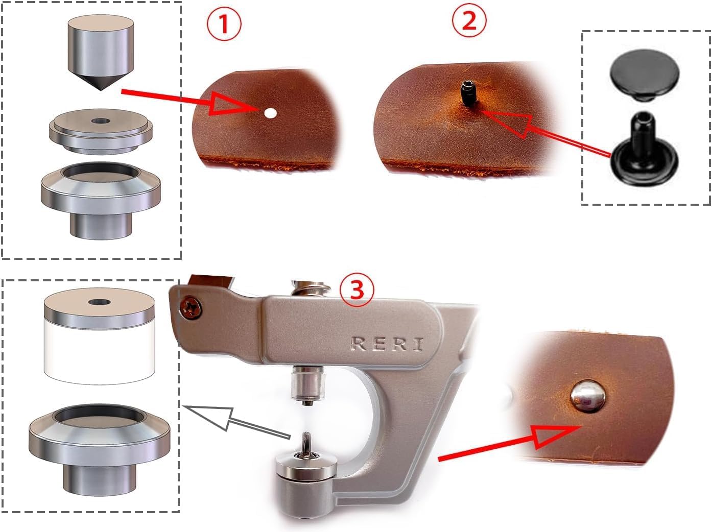 Alternative view of Rivets for Leather, 8mm Leather Rivet Kit, 3 Sizes Leather Rivets and Snaps for Leather Crafts, Clothes, Shoes, Leather Boots, Bags, Decoration