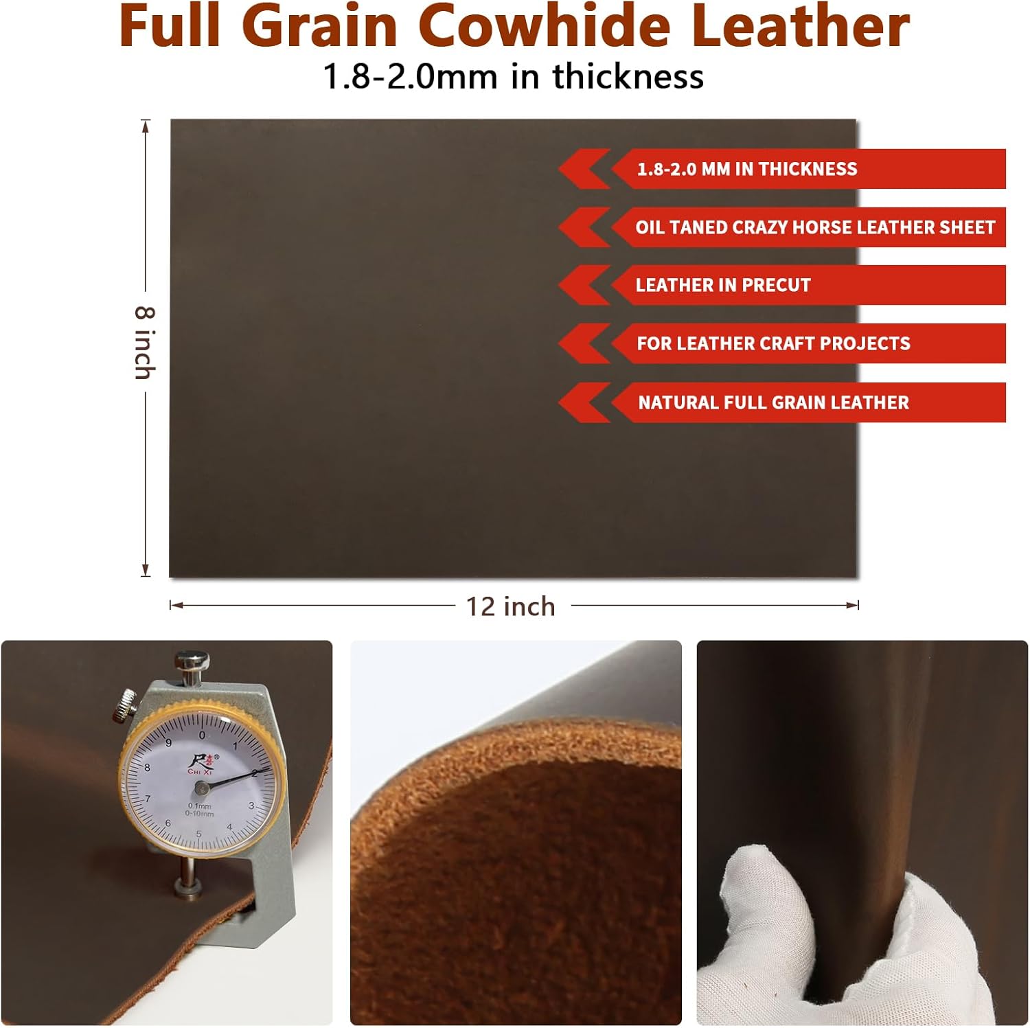 G-FAVOR Genuine Leather Sheets for Crafts Full Grain Leather Tooling Leather Square 2mm Thick Cowhide Leather for Crafting Tooling Sewing, Brown, 8"x12"