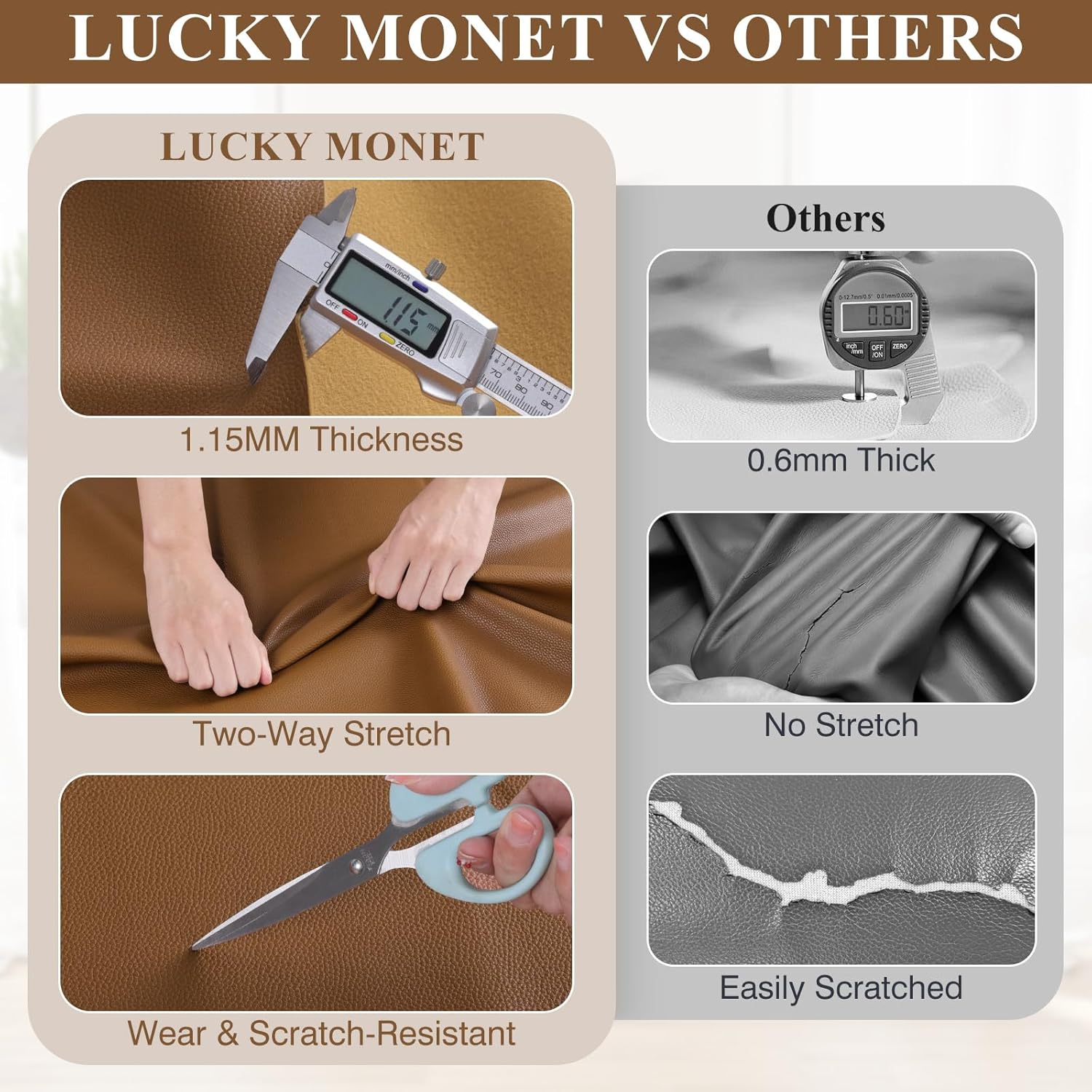 Faux Leather Fabric, 55" W 1.15MM Thicken Marine Vinyl Upholstery Fabric by The Yard Soft Durable Synthetic PU Leather Material for Upholstery Sofa Bags Chairs Sewings DIY Crafts, 1 Yard Brown - Image 3