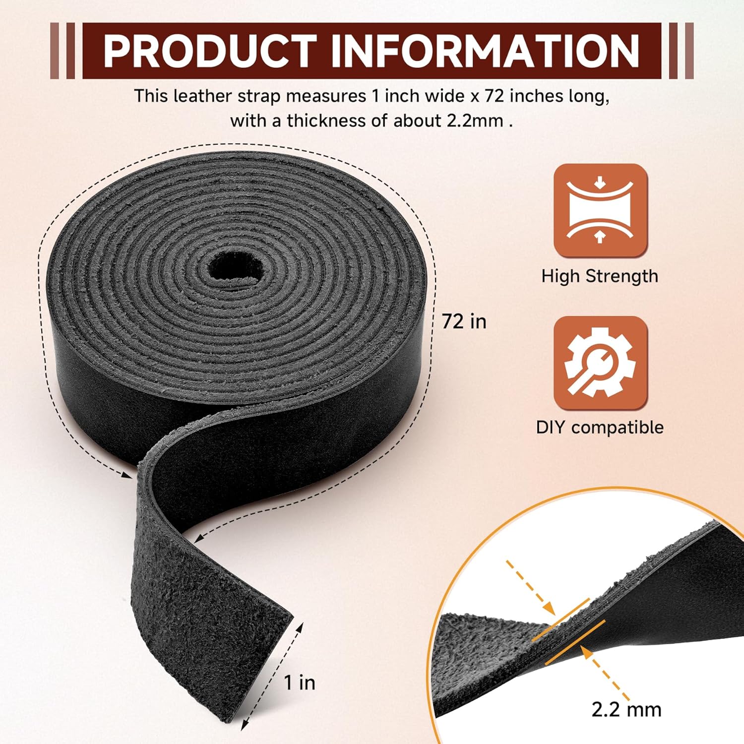 Genuine Full Grain Leather Strip, 1 Inch Wide x 79 Inches Long, 2.2mm Thick Oil Tanned Cowhide Leather Strap for DIY Craft Projects, Tooling, Belts, Knife Sheath, Gardening Tools – Black