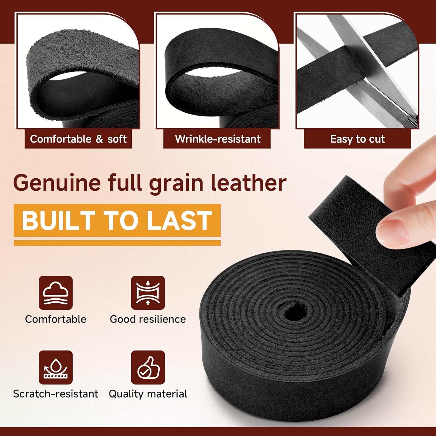 Alternative view of Genuine Full Grain Leather Strip, 1 Inch Wide x 79 Inches Long, 2.2mm Thick Oil Tanned Cowhide Leather Strap for DIY Craft Projects, Tooling, Belts, Knife Sheath, Gardening Tools – Black