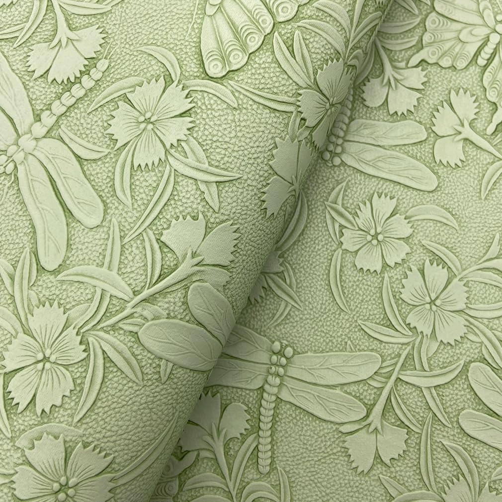 Embossed Faux Leather Sheets for Earrings Purses Making, 12 x 54 inch (32x137cm) Dragonfly Butterfly Flower Faux Leather for DIY Crafts Sewing Supplies (Light Green)