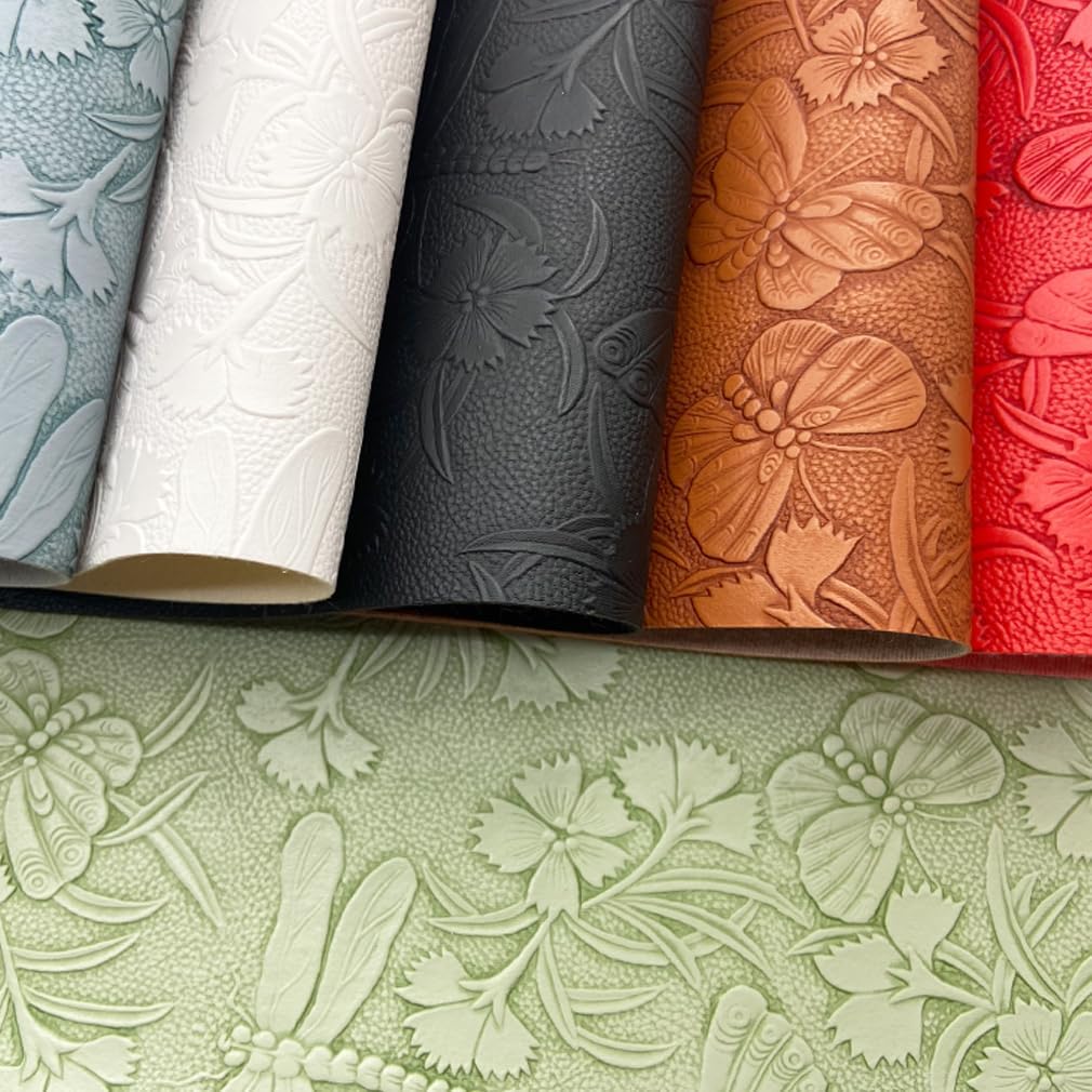 Embossed Faux Leather Sheets for Earrings Purses Making, 12 x 54 inch (32x137cm) Dragonfly Butterfly Flower Faux Leather for DIY Crafts Sewing Supplies (Light Green) - Image 3