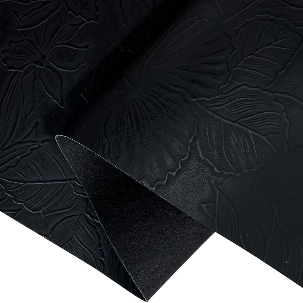 ONEART | Flower Embossed Textured Faux Leather, 12"×54" Floral Embossed Synthethic Pleather for Bows Earrings Sewing Projects-Black