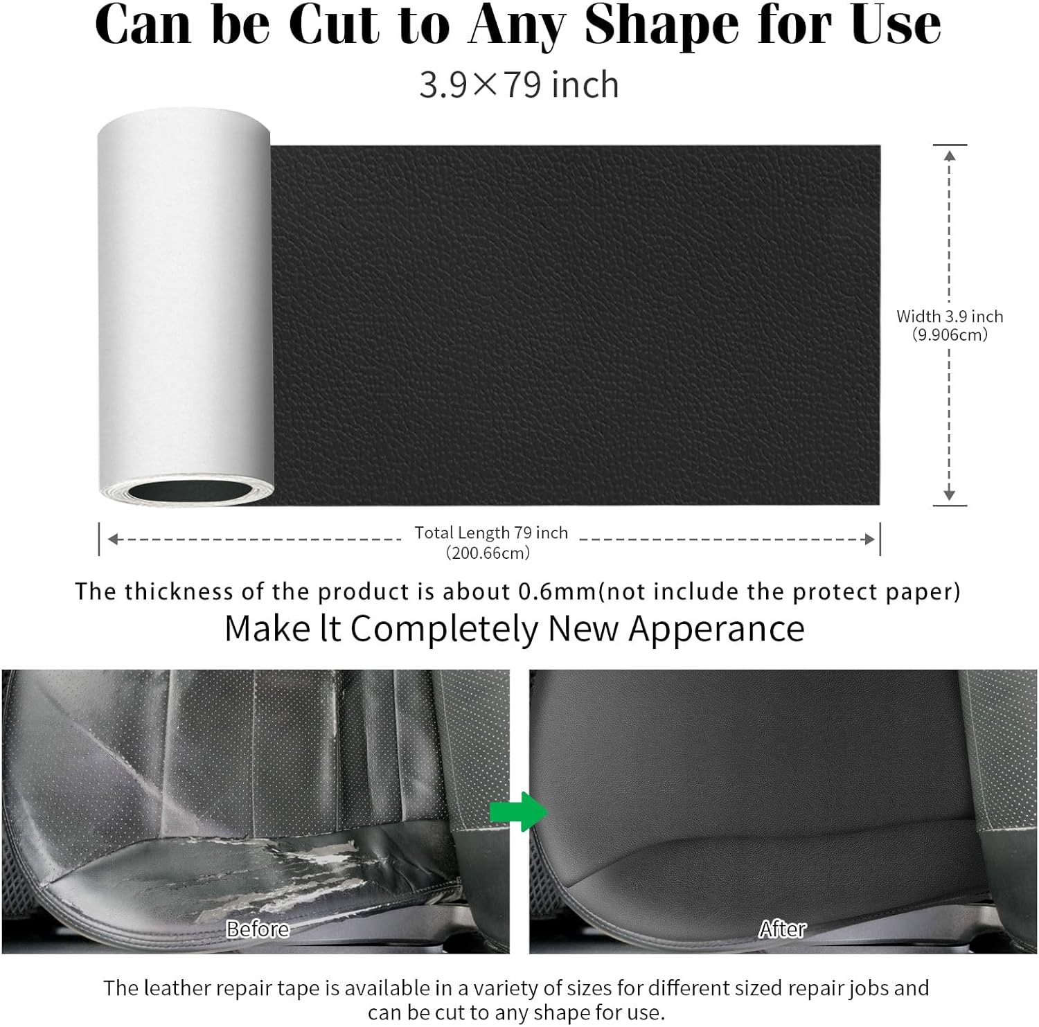 CHEIGHY Leather Repair Kit for Furniture - Advanced PU, Strong Self Adhesive Leather Repair Patch for Couch 3.9X79 inch Vinyl Repair Tape for Car Seat Upholstery Sofa Office Chair (Black)