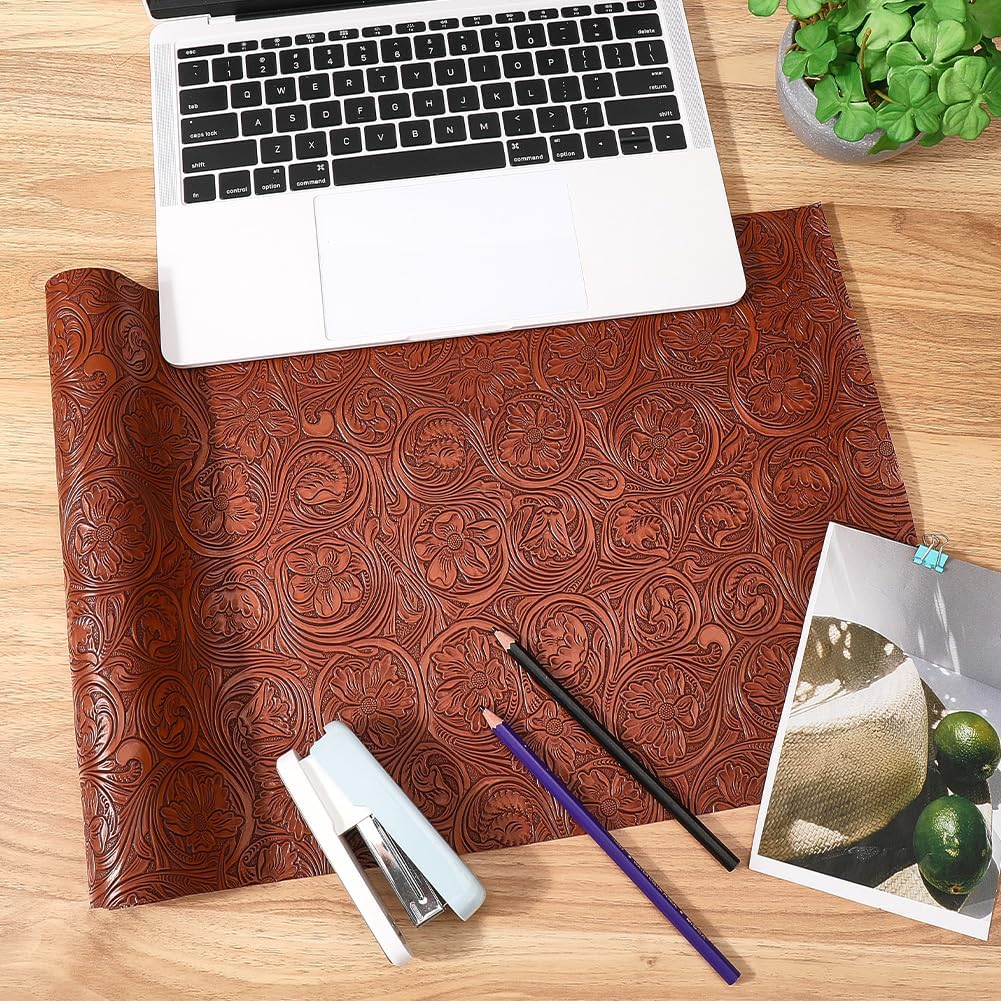 CALFOVERA Textured Vintage Floral Pattern Embossed PU Leather Sheets 54×11.9 Inch Solid Color PU Leather Fabric Sheets for DIY Earrings Upholstery Sewing Crafts Purse Bag Making (Coffee)