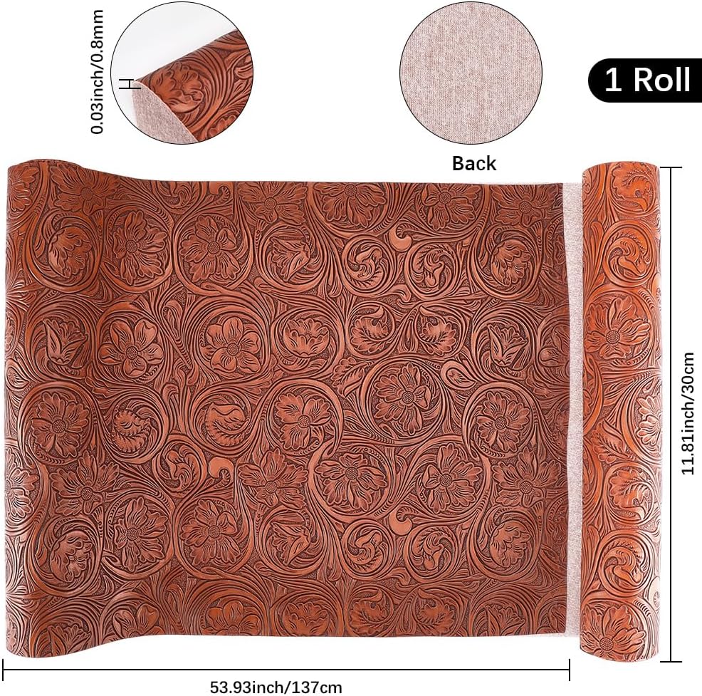 Alternative view of CALFOVERA Textured Vintage Floral Pattern Embossed PU Leather Sheets 54×11.9 Inch Solid Color PU Leather Fabric Sheets for DIY Earrings Upholstery Sewing Crafts Purse Bag Making (Coffee)