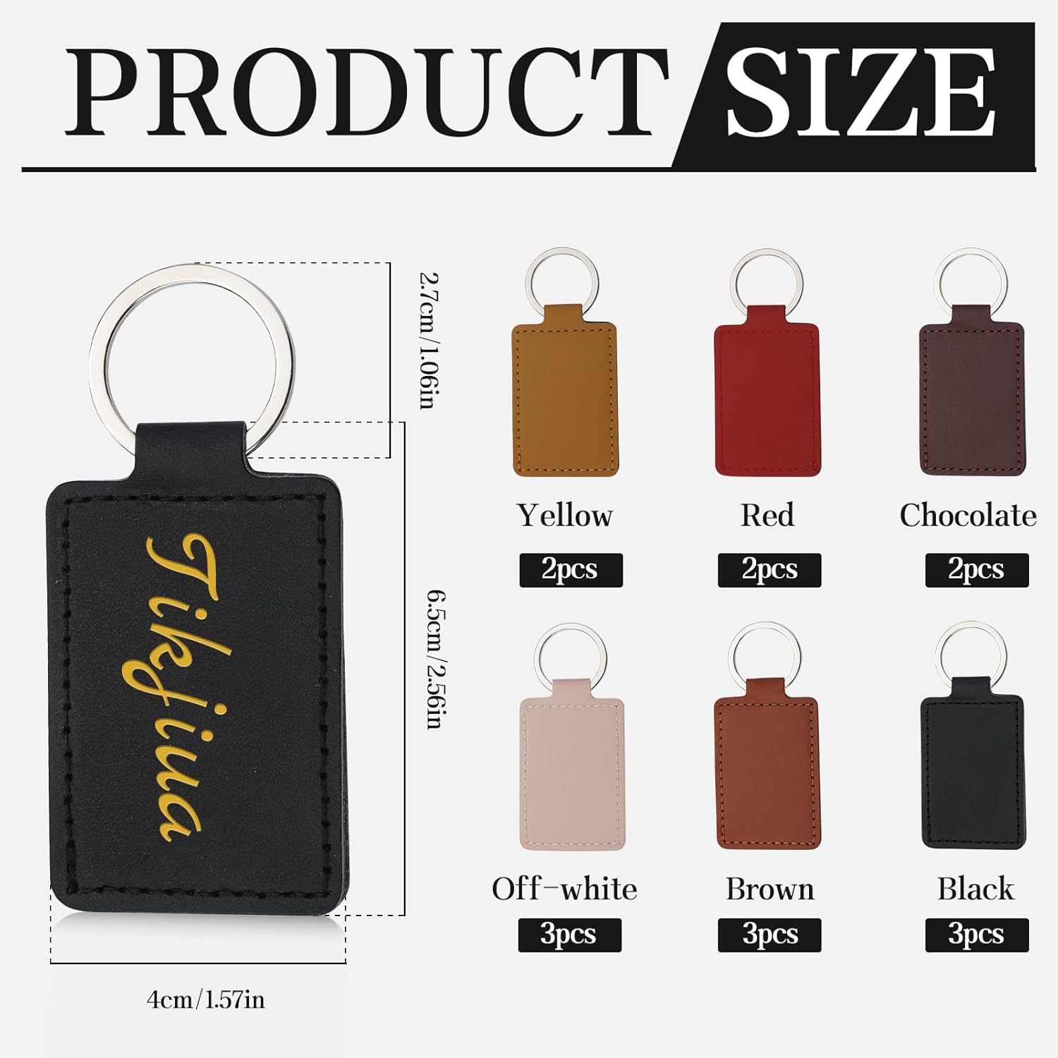 Tikjiua 15 Pcs PU Leather Keychain, 6 Colors Rectangular Leather Key Fob Kit, Laser Engraving Key Fob for Stamping Craft, Leather Keychain Blanks Making