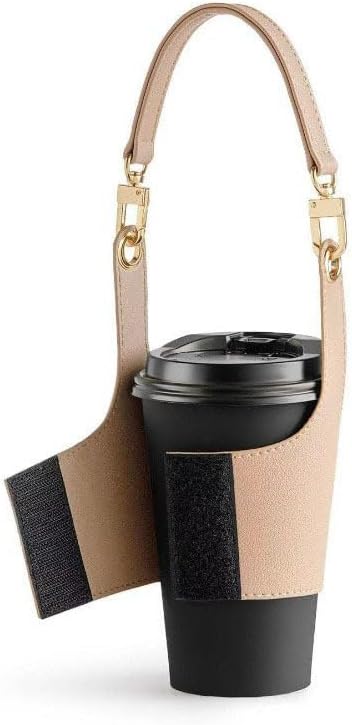 PU Leather Drink Carrier with Hand Strap, Eco Friendly Reusable Adjustable Single Cup Holder for Travel Coffee Cup Hanging Carry, Cruise Drink Caddy & Decorate Your Cup (Black)