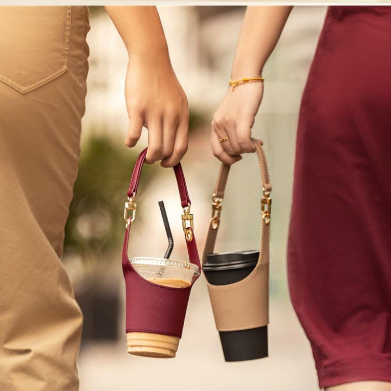 PU Leather Drink Carrier with Hand Strap, Eco Friendly Reusable Adjustable Single Cup Holder for Travel Coffee Cup Hanging Carry, Cruise Drink Caddy & Decorate Your Cup (Black) - Image 3