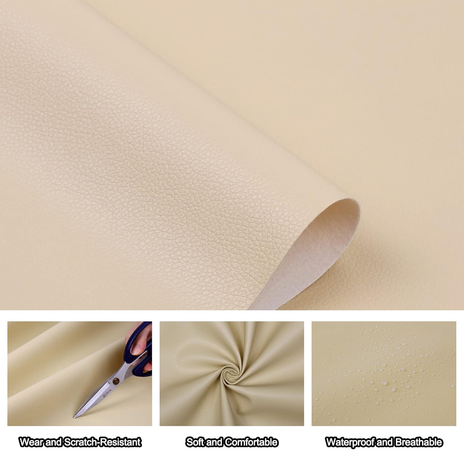 Butarfe Faux Leather Sheet 2 Yards 54" x 72" Upholstery Vinyl 1.0mm Thick Pleather Soft PU Leather Beige Upholstery Vegan Leather Fabric Synthetic Material for Sofa Bags Chairs Car Seats DIY Craft