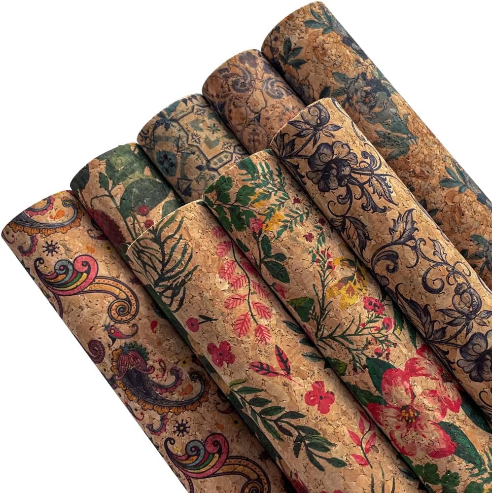 8 Pcs Colorful Cork Fabric, Soft Natural Texture Cork Faux Leather Sheets Floral Pattern DIY Crafts Fabric