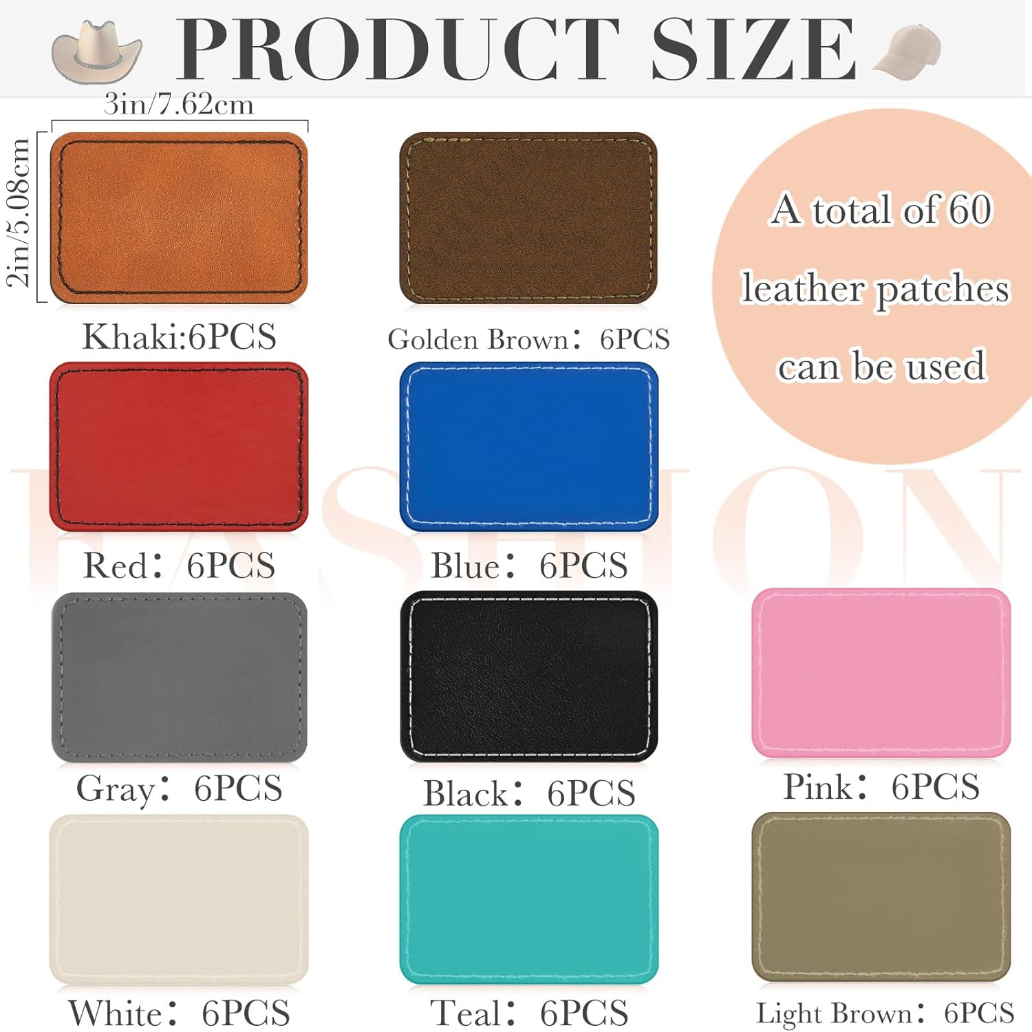 Dunzy 60 Pcs Blank Leatherette Hat Patch with Adhesive Rectangle Leather Hat Patches Rustic Faux Iron on for Fabric Repair Custom Sewing Laser Engraving DIY Crafts(Multicolor,3 x 2 Inch)