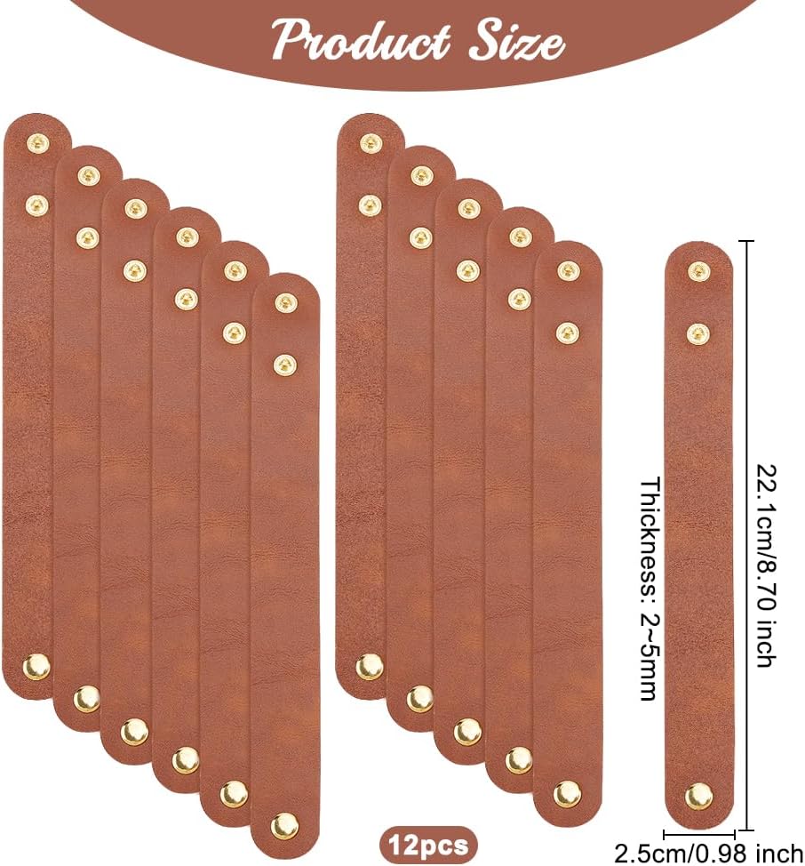 OLYCRAFT 12pcs Adjustable Leather Bracelets 8.6x1 Inch Blank Genuine Leather Snap Bracelets Blank Leathers Cuff Bracelet Leathers Wristband Brown Bracelet for DIY Craft Jewelry Making