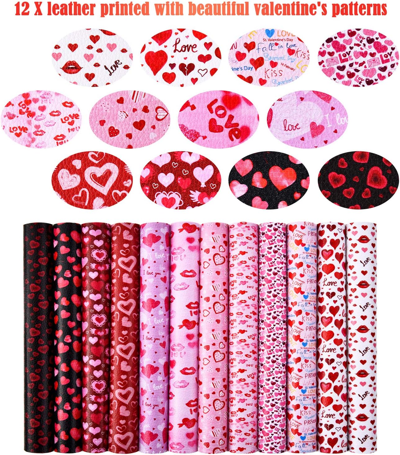 12 Packs Valentine's Day Faux Leather Sheets for Crafts with Heart Love Pattern Prints and Fabric Canvas Back for Valentine's Day DIY Crafts Decor, 6.3 x 8.3 Inch