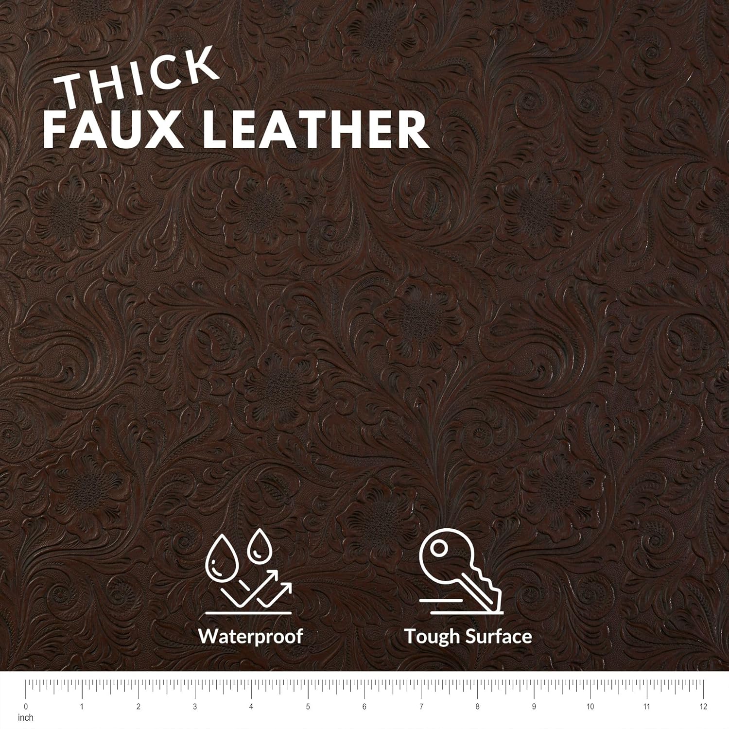 Tooled Faux Leather Western Cowboy, Floral Embossed Vinyl, Craft DIY and Upholstery Textured PU Pleather Fabric - Individual 1 Yard Cut 36"x54" (Chocolate)