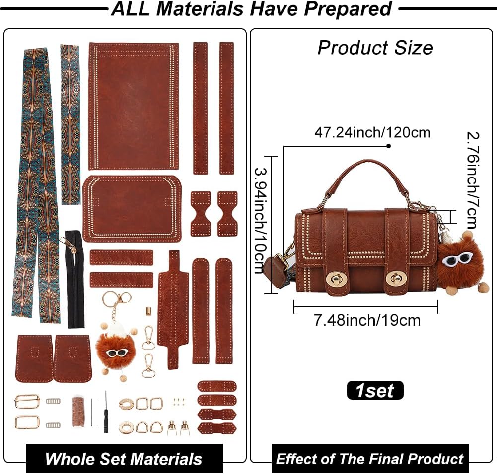 WADORN PU Leather Crossbody Bag Making Kit, DIY Knitting Crochet Shoulder Bag Making Materials PU Leather Handbags Sewing Kit for DIY Handmade Purse Making Accessories, 7.4x3.9x2.7 Inch (Brown)