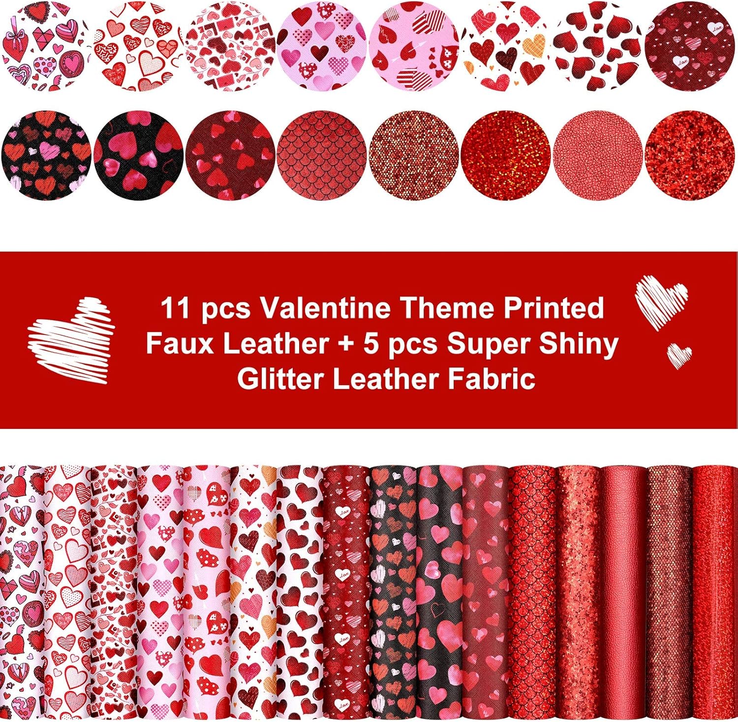 16 Pieces Valentine's Day Heart Faux Leather Sheets DIY Heart Pattern Leather Fabric Red and Pink Print Sheet 6.3 x 8.3 Inch for Valentine's Day Crafts Sewing Decor Making Supplies