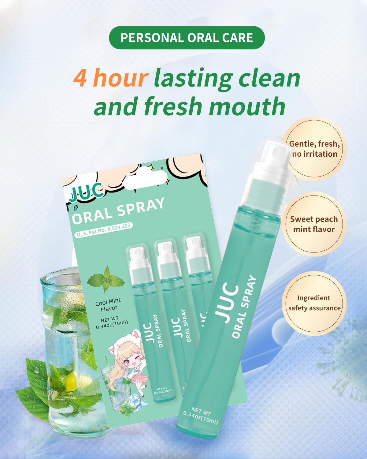 3 Count Mint Breath Spray Mouth Spray Breath Freshener Oral Care for All Ages 0.33OZ (10ML) Cool Mint Flavor