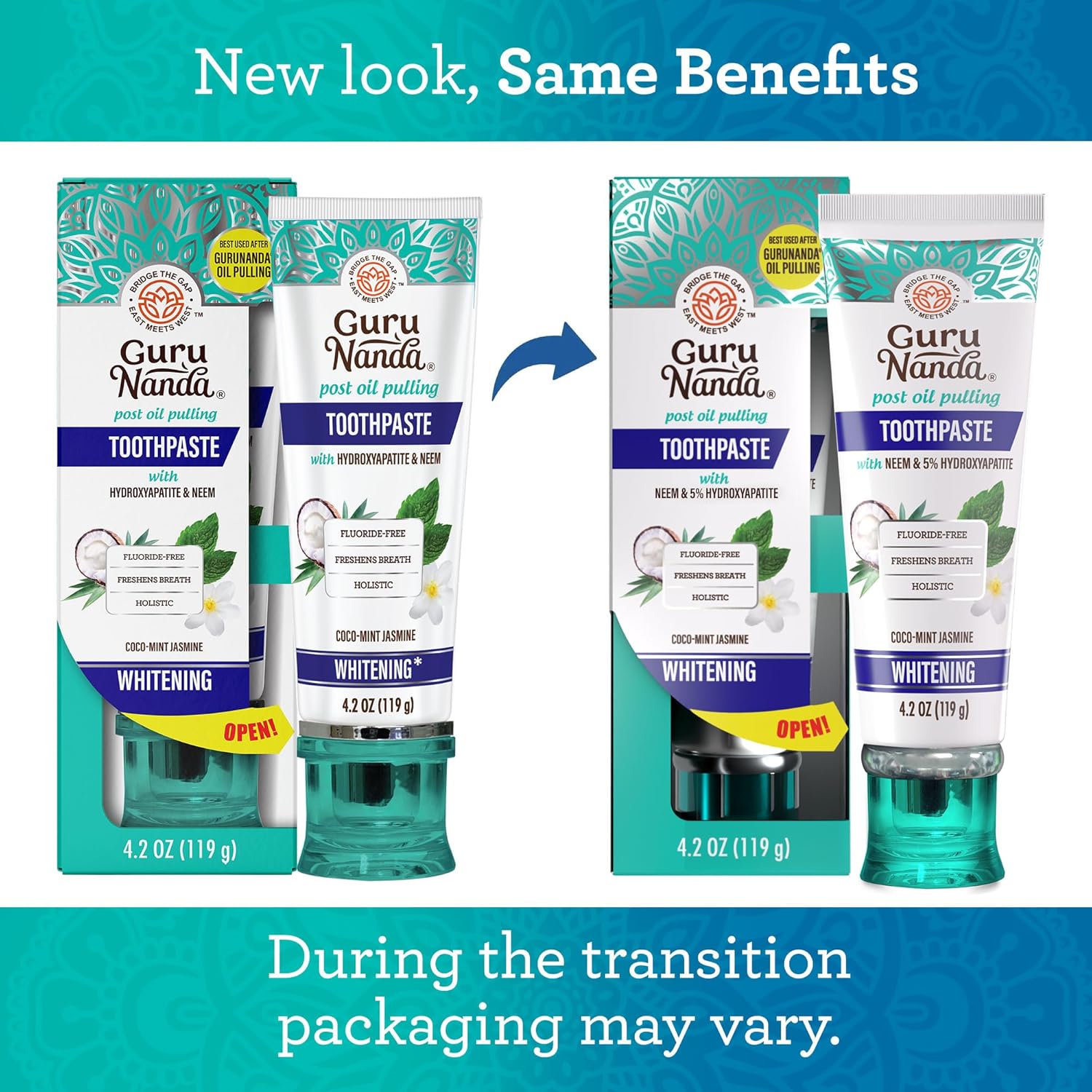 GuruNanda Hydroxyapatite Toothpaste, SLS & Fluoride Free, Whitening Toothpaste with Tongue Scraper & Squeezer - Freshens Breath, Fights Plaque - Natural CocoMint Jasmine Neem, 4.2oz