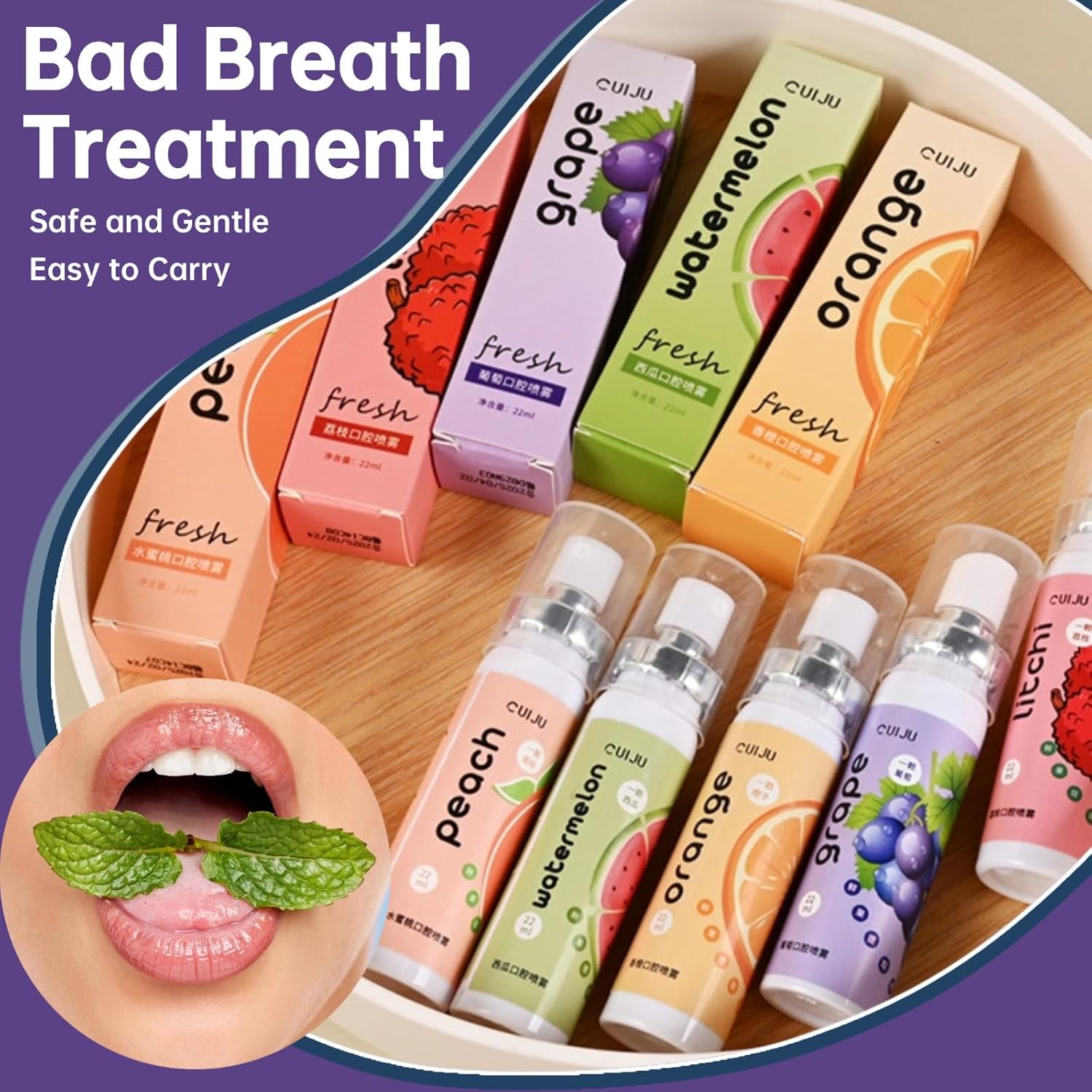5PCS Oral Breath Spray, Natural Fresh Fruit Breath Freshener Spray, Portable Refreshing Cool Fresh Mint Dry Mouth Spray Bad Breath Treatment Oral Odor Care Spray for Adults