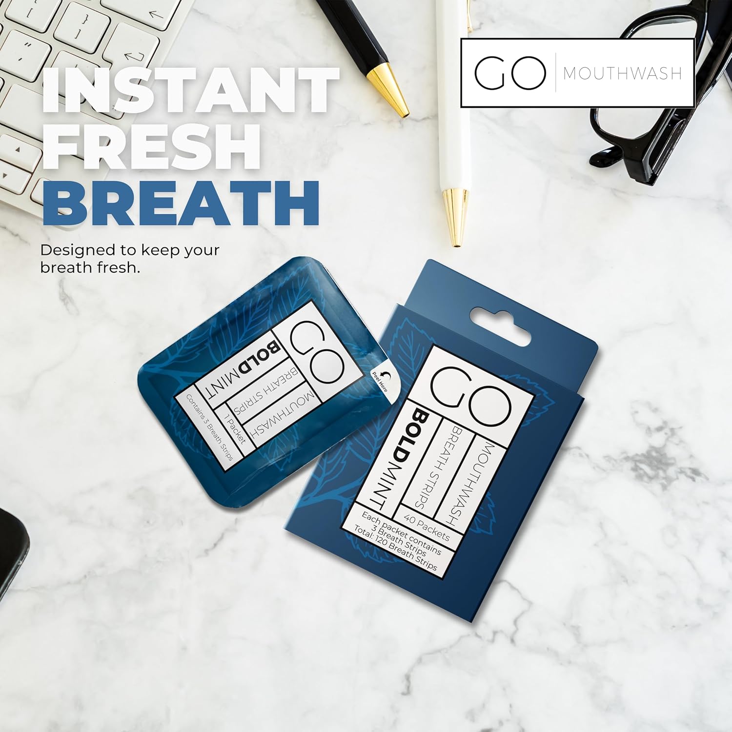 Alternative view of Breath Strips for Bad Breath by Go Mouthwash- Indivivual Packets containing 3 Bold Mint Strips - Alternative to Breath Mints, Travel Mouthwash, Breath Spray, and Other Fresheners - Perfect on The GO