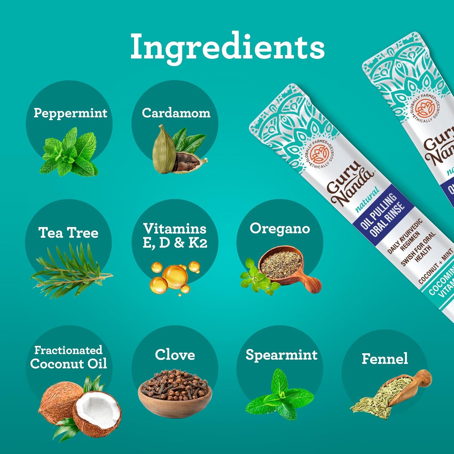 Alternative view of GuruNanda Travel Sachets Coconut Oil Pulling, Fresh Breath Mouthwash, 7 Essential Oils & Vitamins for Happy Teeth & Gums, 7 Sachets