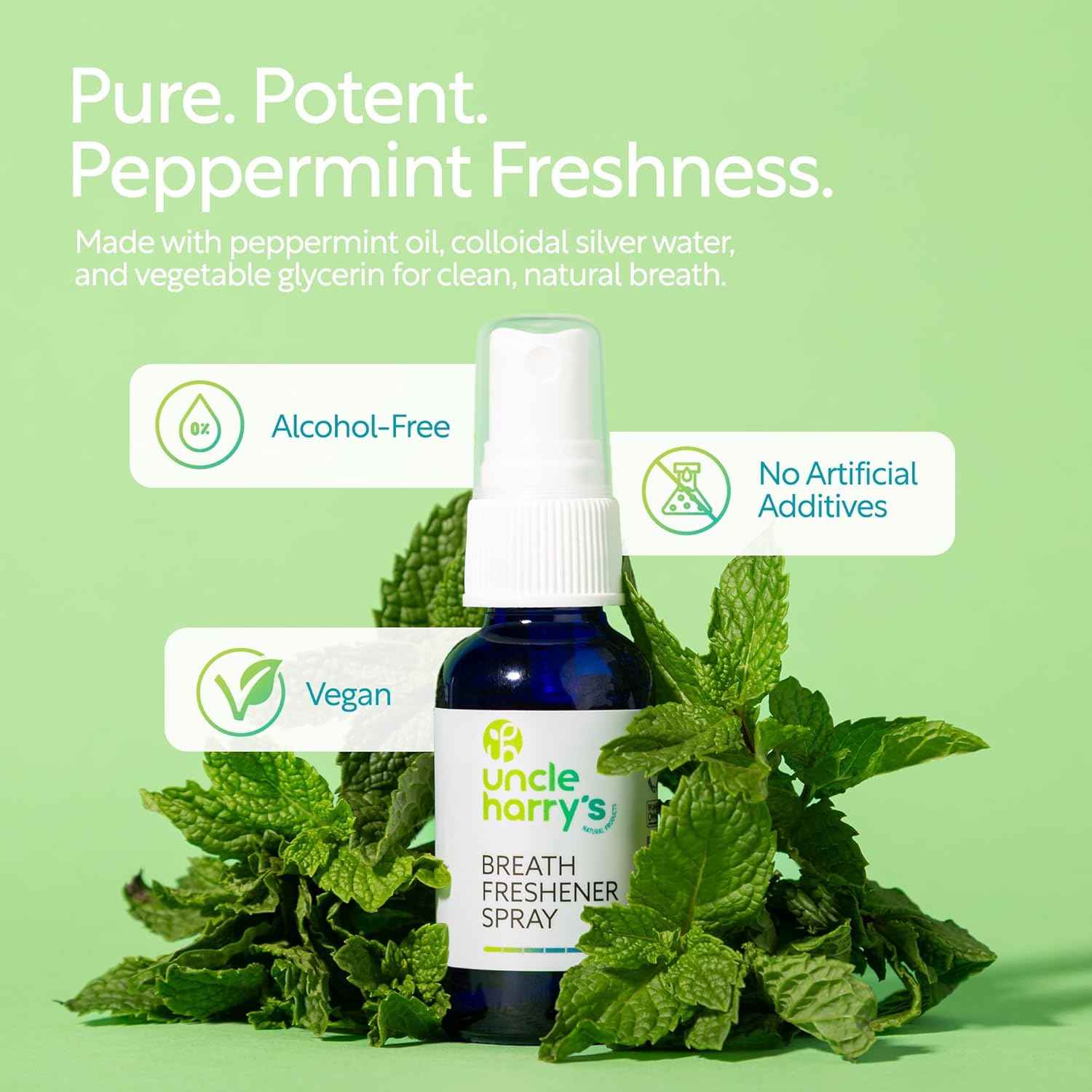 Uncle Harry’s Natural Products Breath Freshener Spray with Pure Organic Pacific Northwest Peppermint Oil and Colloidal Silver – Aids Digestion, Cleanses Mouth, Keeps Breath Minty Fresh, 1 Fluid Ounce