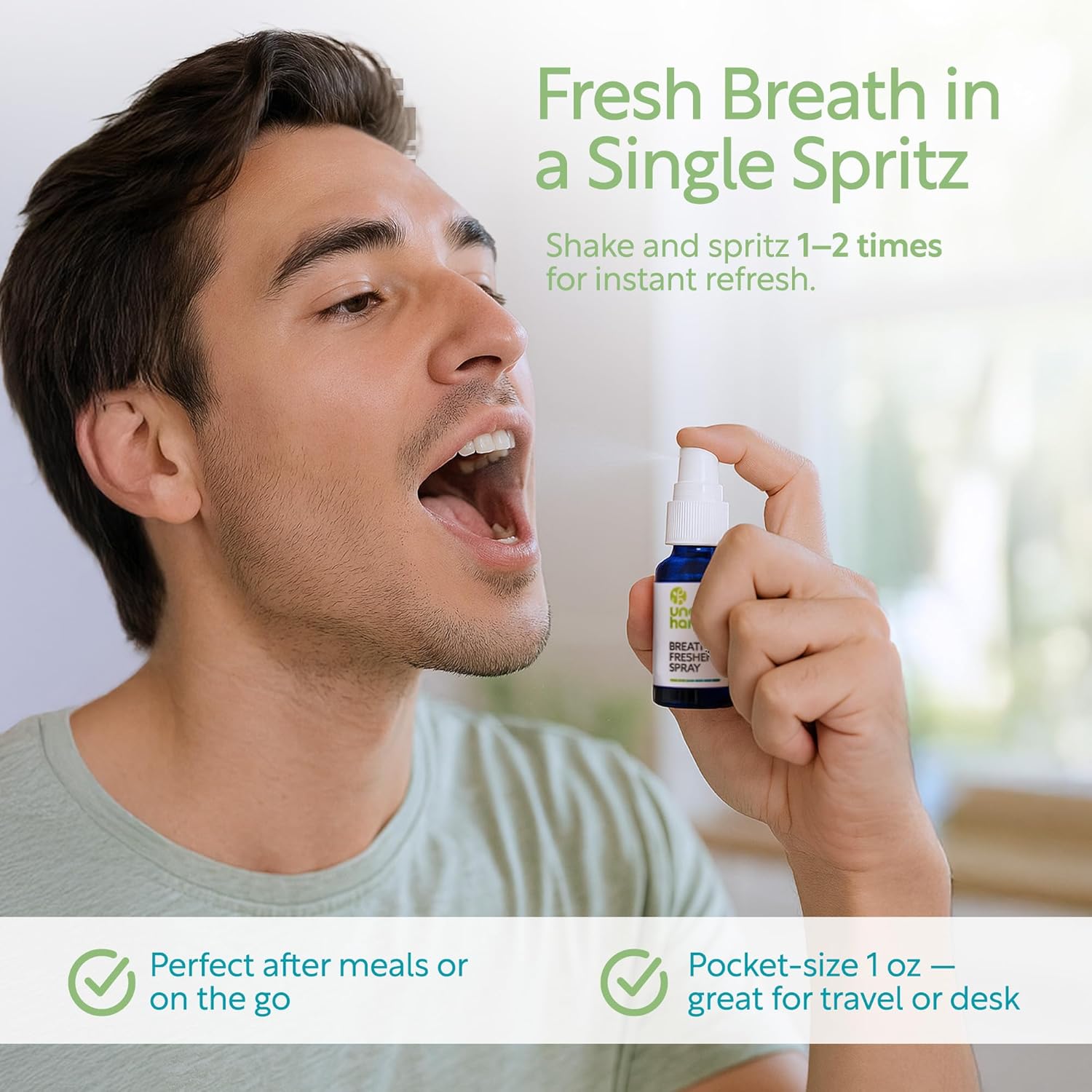 Alternative view of Uncle Harry’s Natural Products Breath Freshener Spray with Pure Organic Pacific Northwest Peppermint Oil and Colloidal Silver – Aids Digestion, Cleanses Mouth, Keeps Breath Minty Fresh, 1 Fluid Ounce