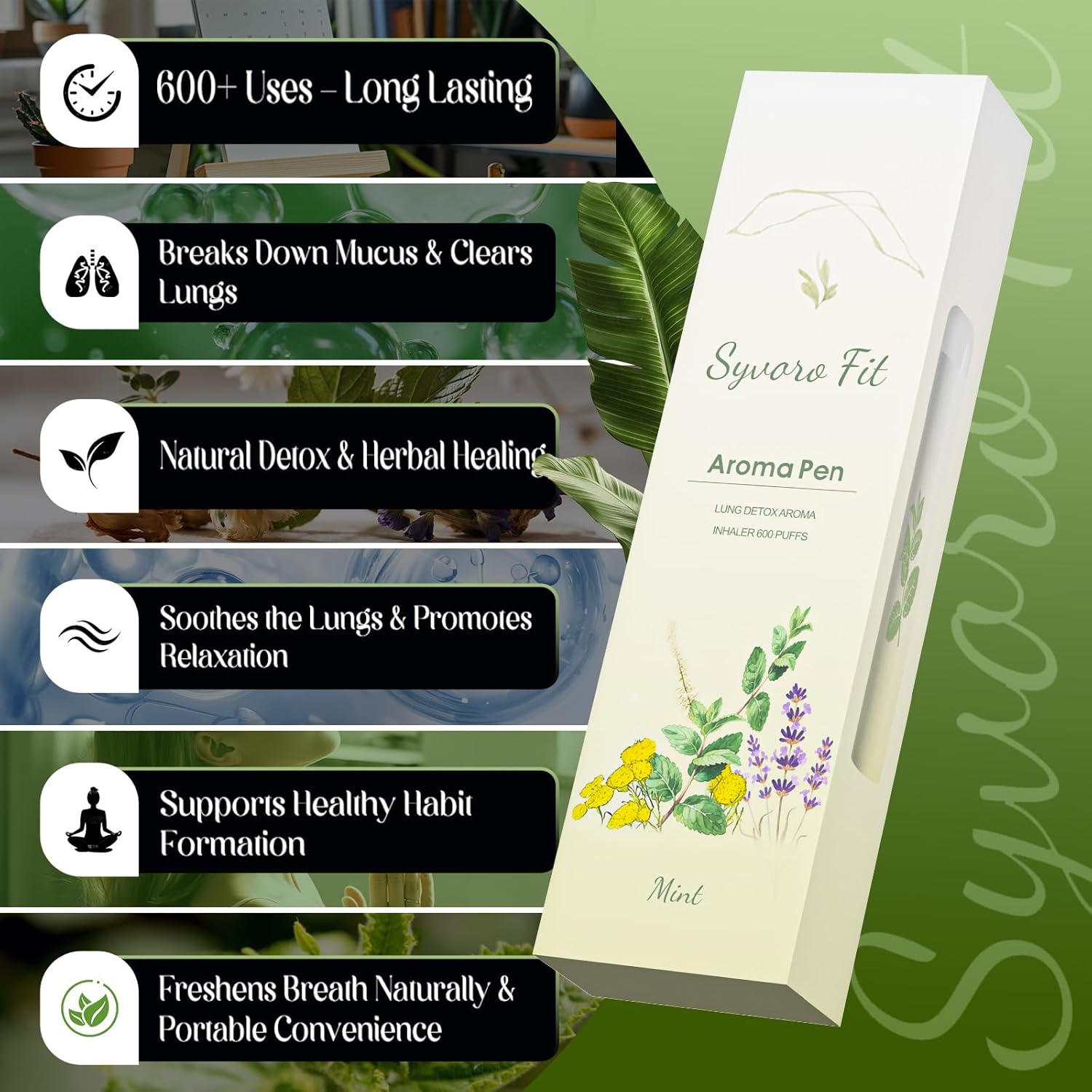 Upgraded Mullein Herbal Diffuser Pen - All-Natural with Mullein, Thyme & Mint for Lung Cleansing, Freshens Breath & Quitting Bad Habit - Up to 600 Uses (1 stick)