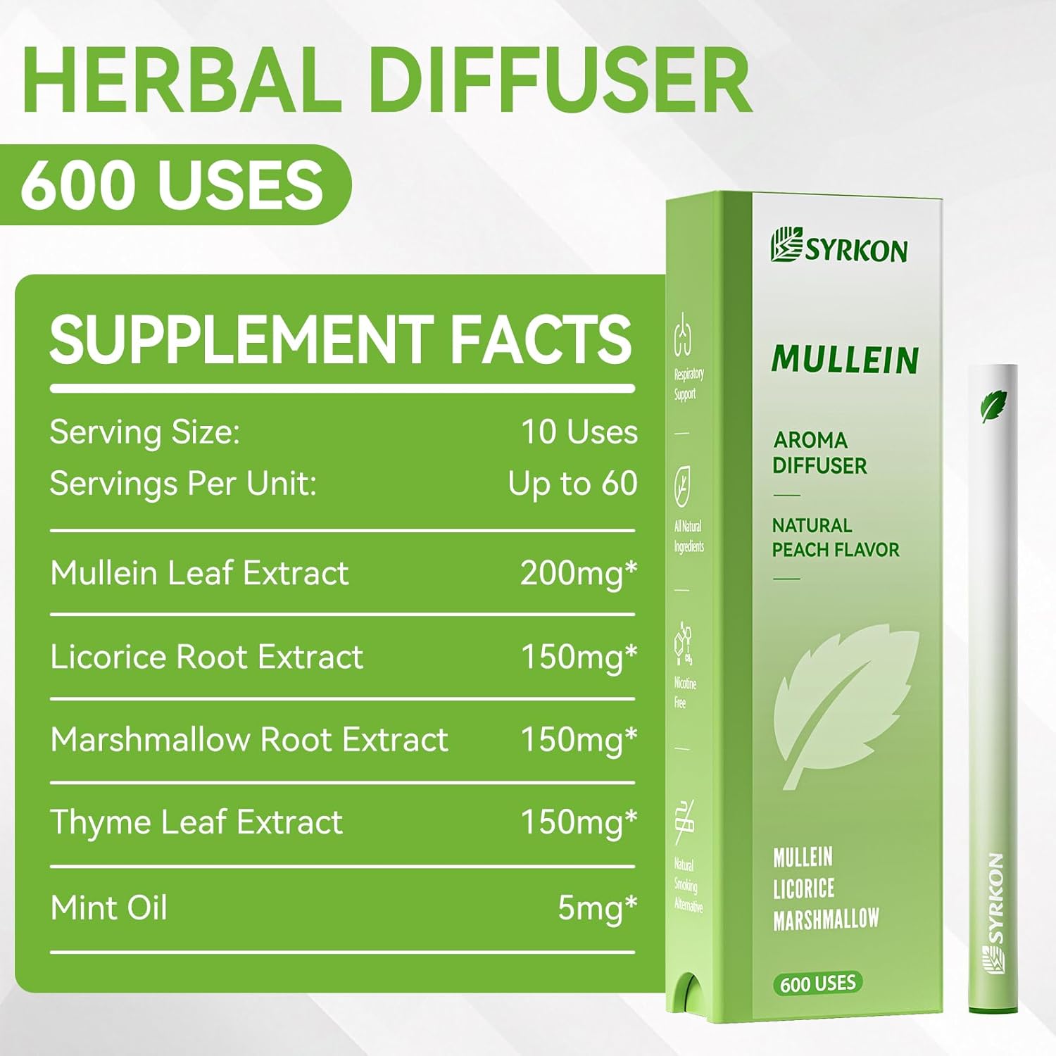 SYRKON Herbal Diffuser Pen, Freshens Breathing | Lung Support | Throat Relief, Peach Flavor, Mullein, Licorice, Mint Oil | Plant-Based, Natural Alternative, 600 Uses