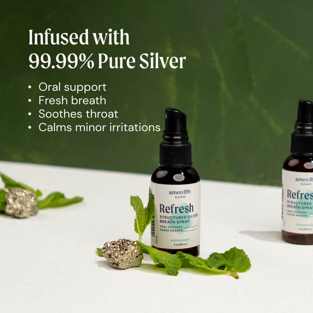 Ameo Life Natural Mint Mouth Spray with 10 ppm Colloidal Silver - Natural Breath Freshener & Dry Mouth Remedy with Xylitol - Portable Oral Care - Bad Breath Spray & Dry Mouth Relief - 2 oz