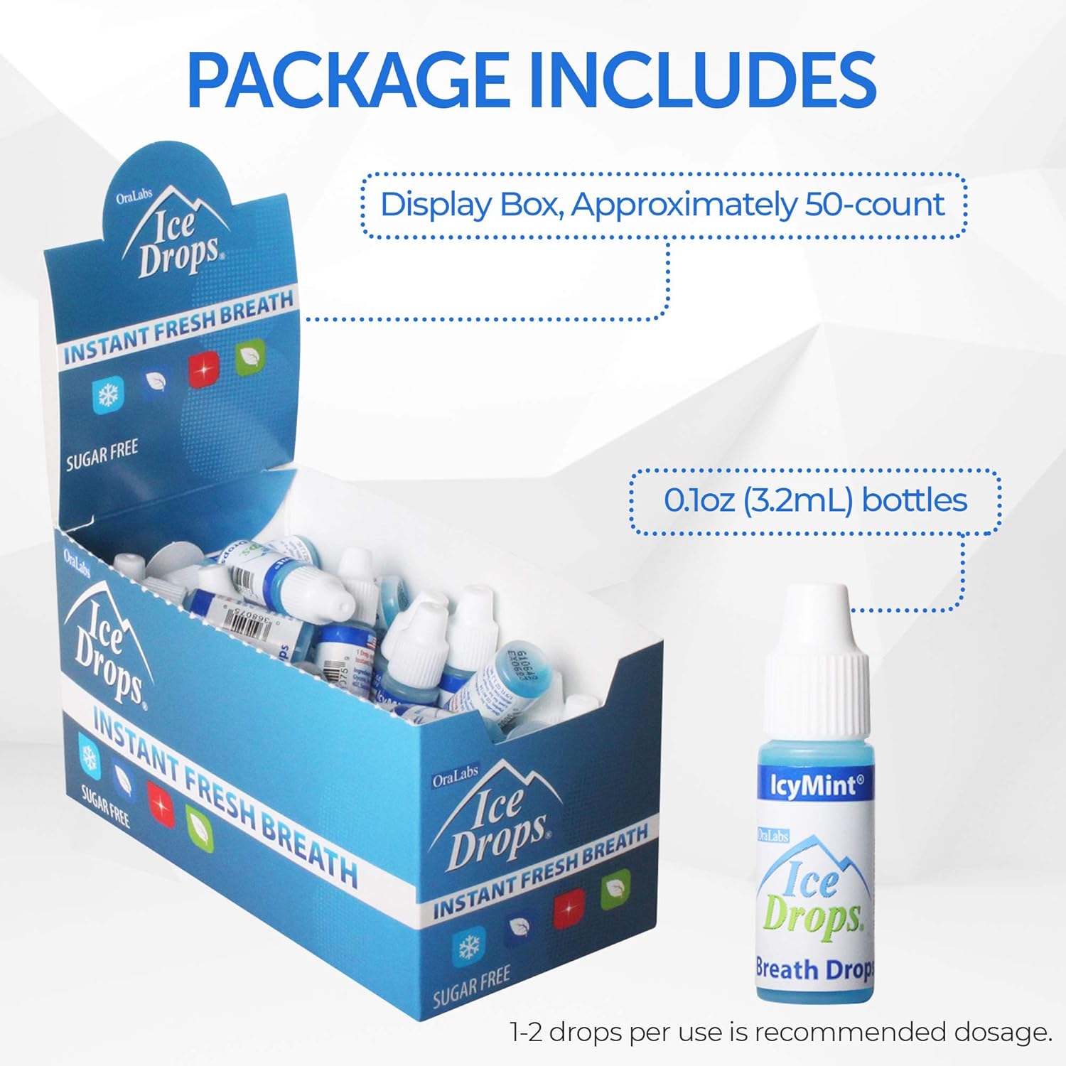 Ice Drops | Flavored Breath Drops - Instant Fresh Breath, Sugar Free, Fat Free - 3.2mL Droppers - 50 count Display (IcyMint)
